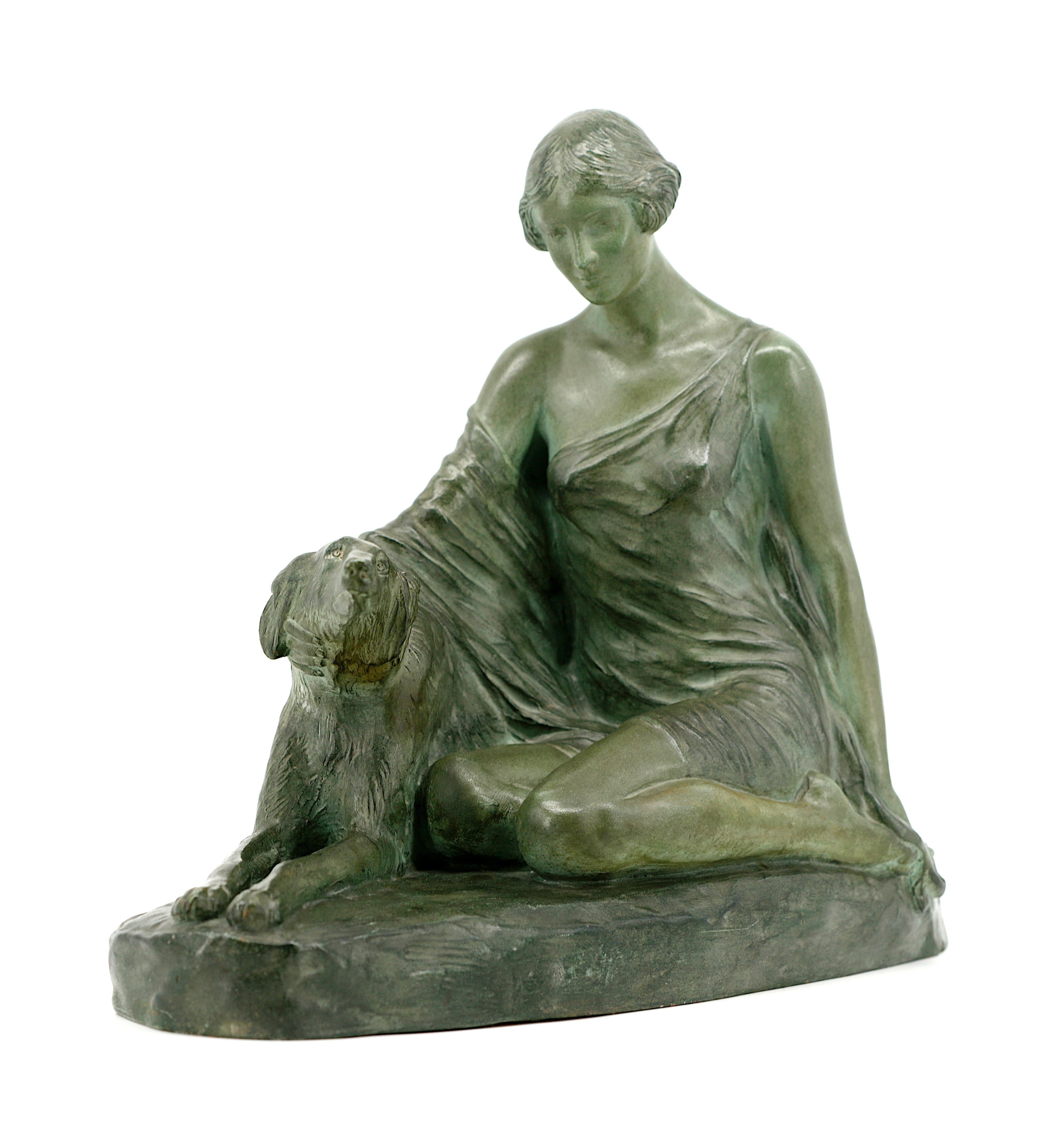 French Art Deco young Lady and greyhound by Louis RICHE, France ,ca.1930. Terracotta patinated bronze. Height : 13