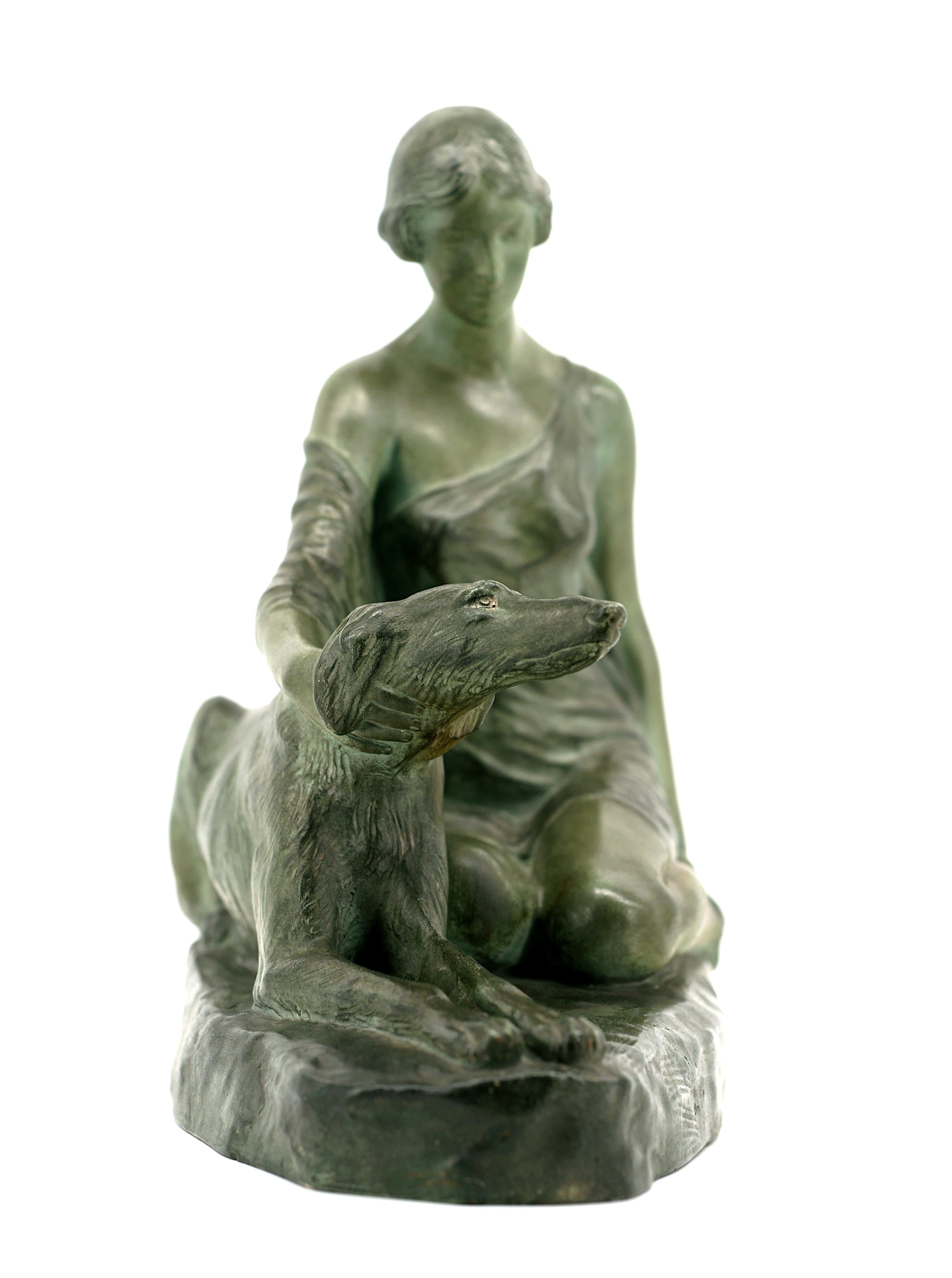 Louis RICHE Art Deco Nude Lady & Greyhound, 1930 In Excellent Condition In Saint-Amans-des-Cots, FR