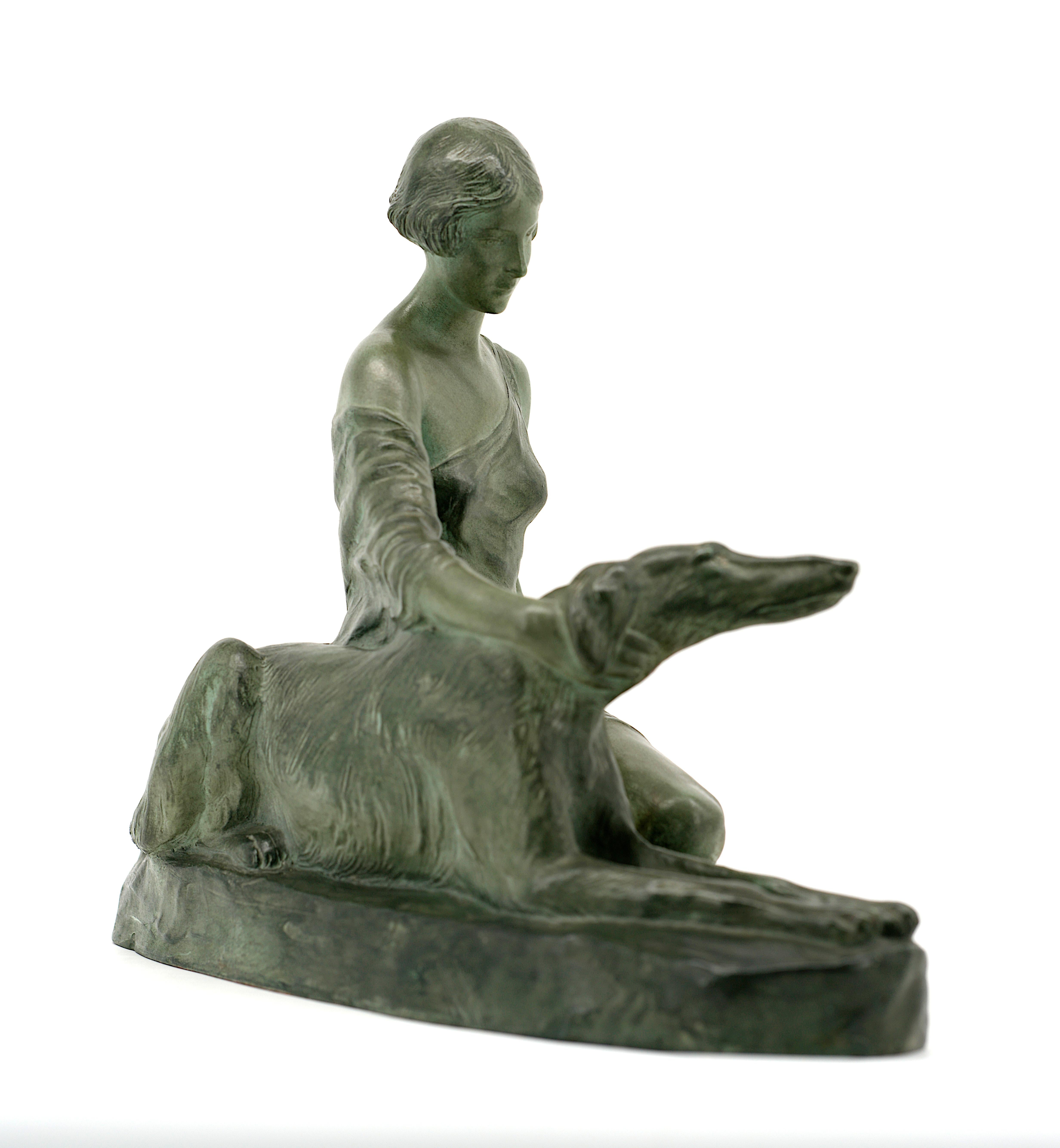 Mid-20th Century Louis RICHE Art Deco Nude Lady & Greyhound, 1930