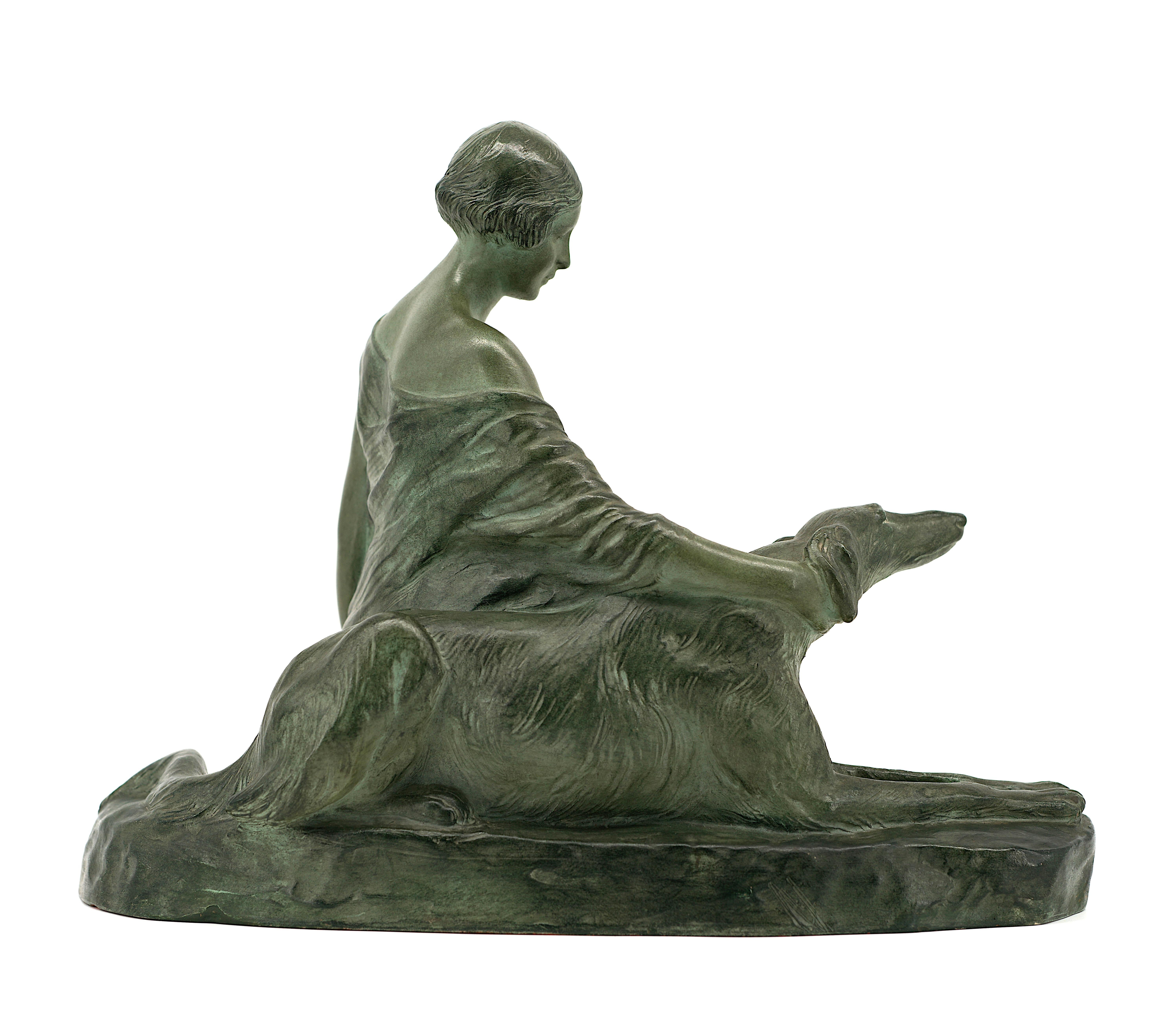 Terracotta Louis RICHE Art Deco Nude Lady & Greyhound, 1930