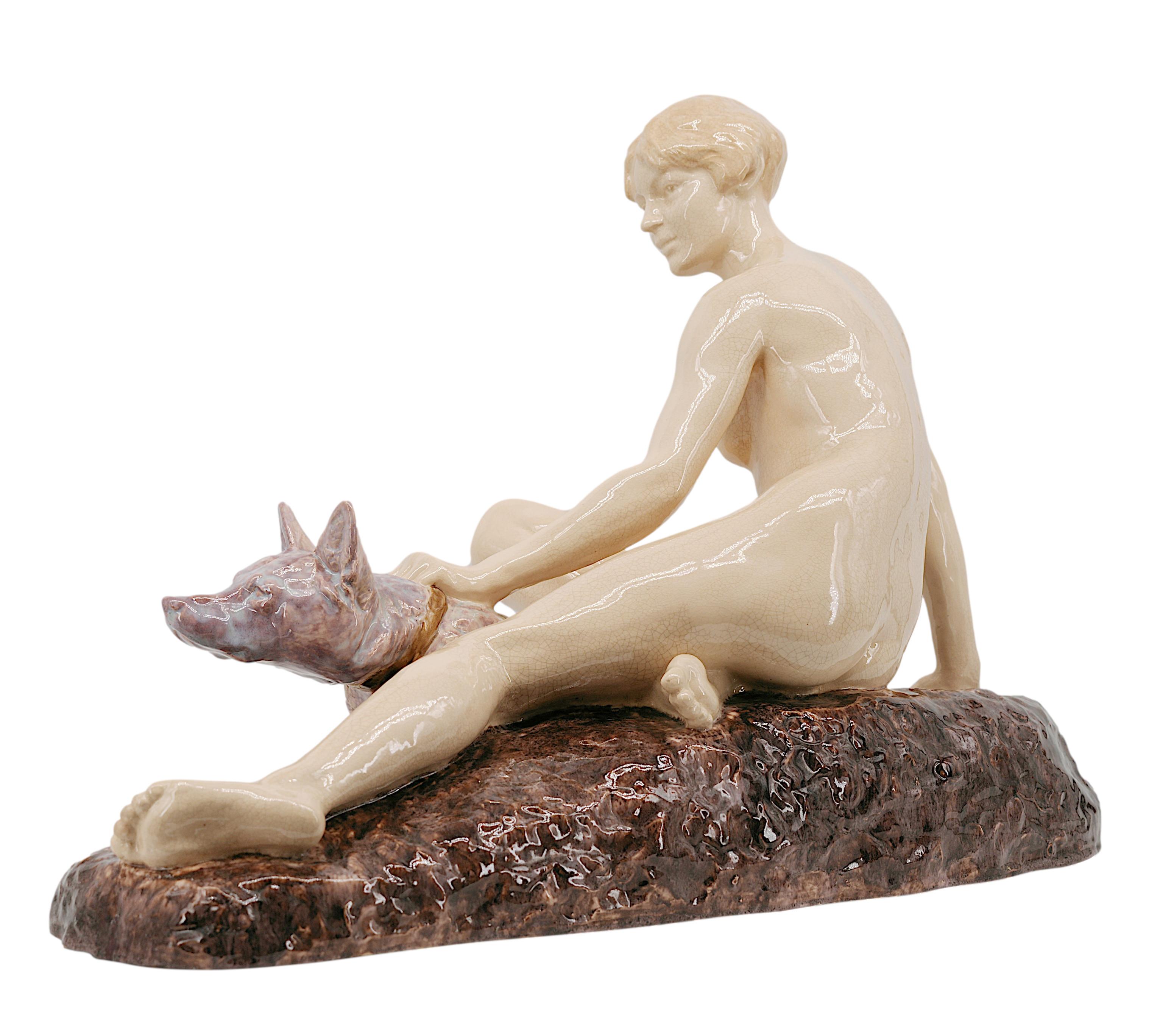 Polychromed Louis RICHE French Art Deco Nude Lady & German Shepherd, 1930 For Sale