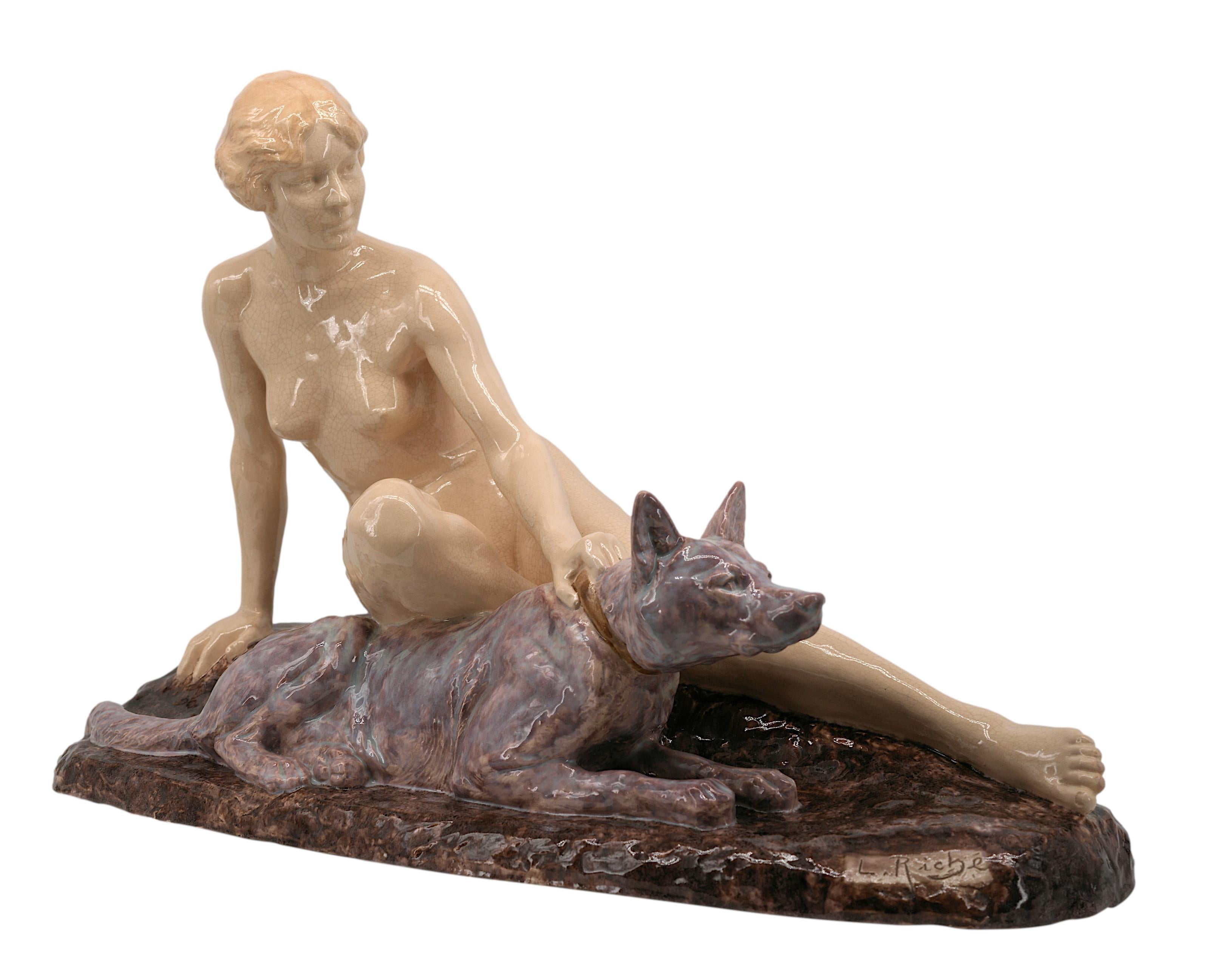 Louis RICHE Art Decó francés Dama desnuda y pastor alemán, 1920 Francés en venta