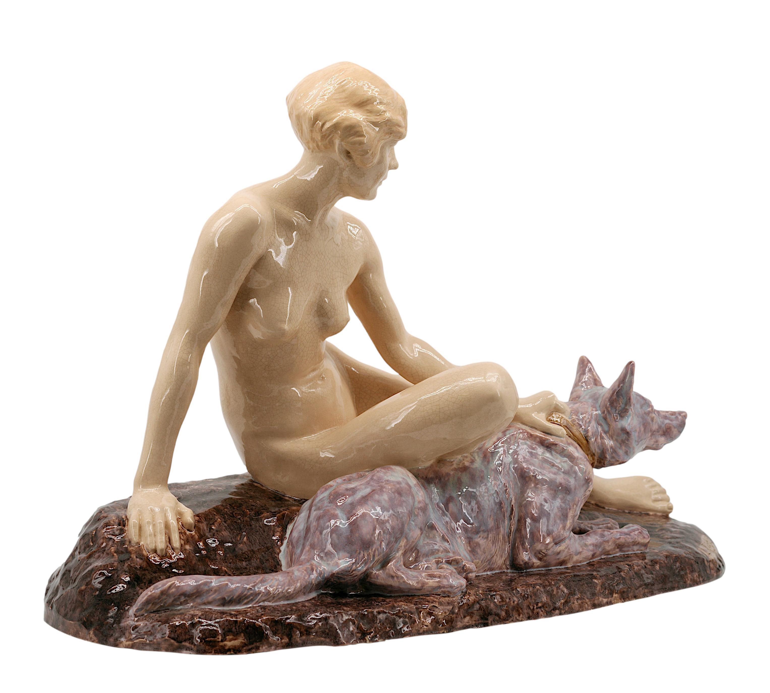 Louis RICHE Art Decó francés Dama desnuda y pastor alemán, 1920 en Excelente estado para la venta en Saint-Amans-des-Cots, FR