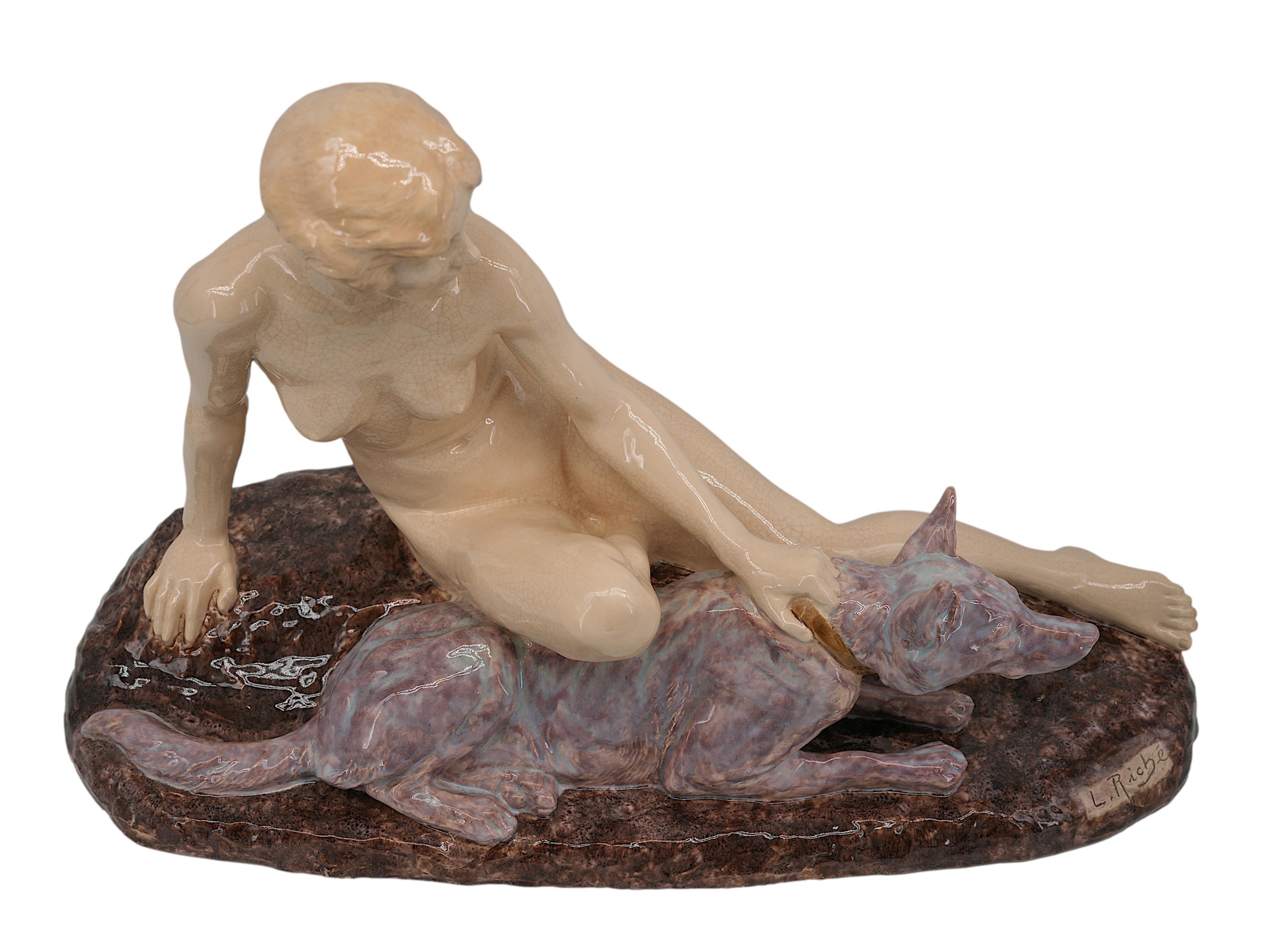 Louis RICHE Art Decó francés Dama desnuda y pastor alemán, 1920 principios del siglo XX en venta
