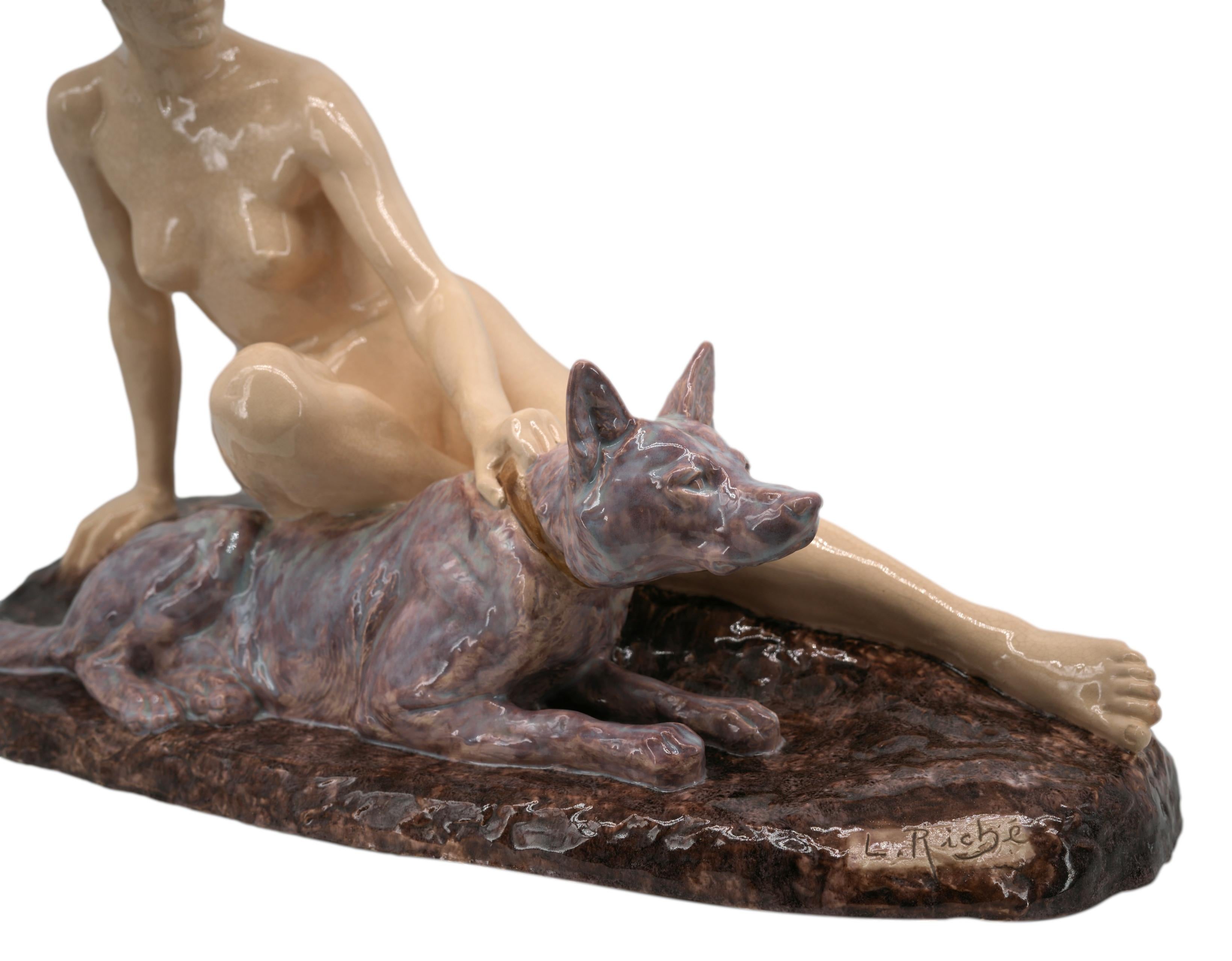 Louis RICHE Art Decó francés Dama desnuda y pastor alemán, 1920 en venta 1