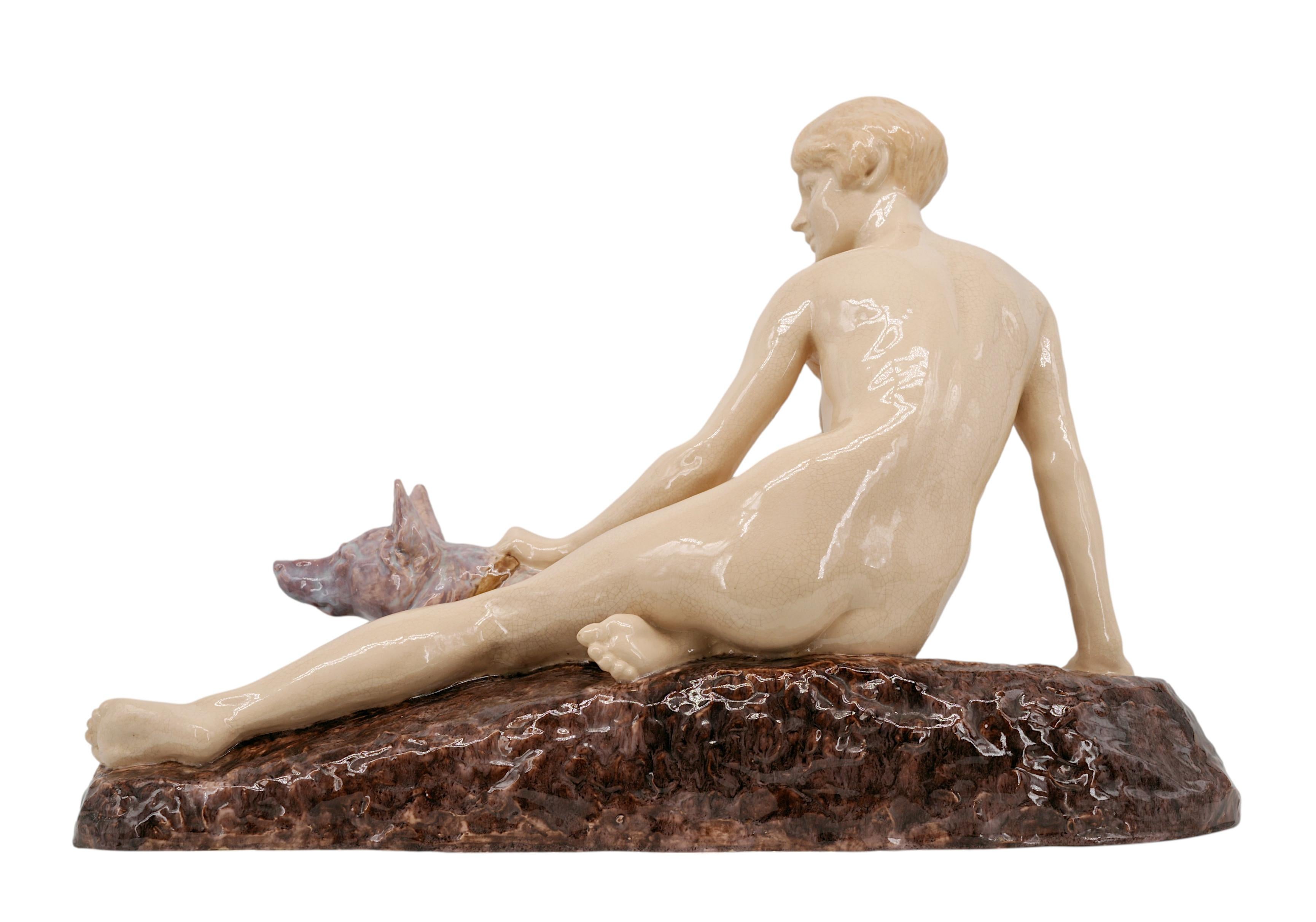 Louis RICHE Art Decó francés Dama desnuda y pastor alemán, 1920 en venta 2