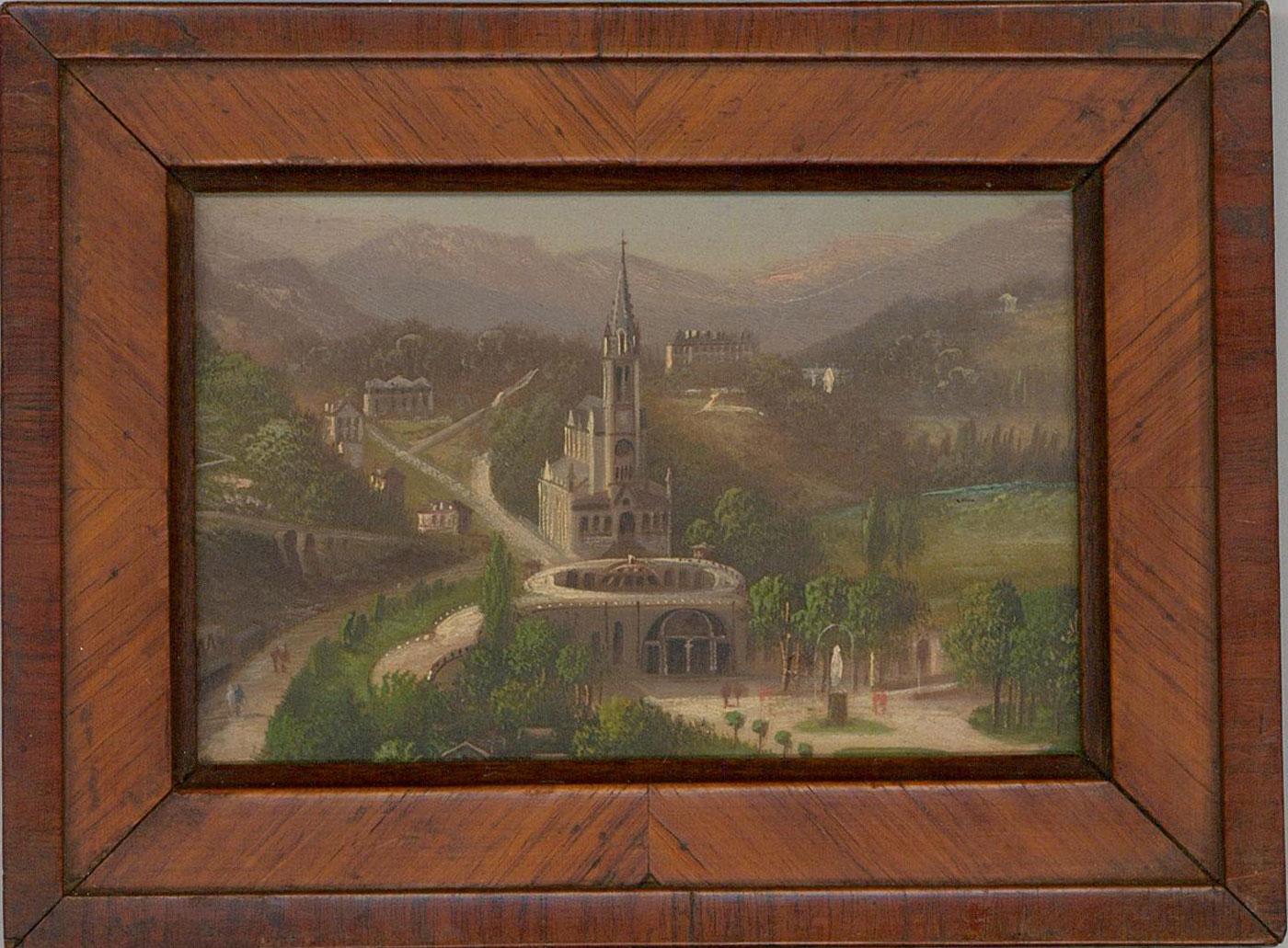 An intricately painted miniature landscape of the Sanctuary of Our Lady of Lourdes in France. Signed by Louis Ritschard 1817-1904 (under the alias Hubert Sattler). Beautifully presented in its original handmade walnut frame, as shown.


On panel.