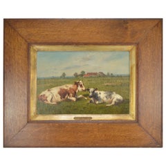 Louis Robbe Painting Resting Cows Oil on Canvas, 19th Century