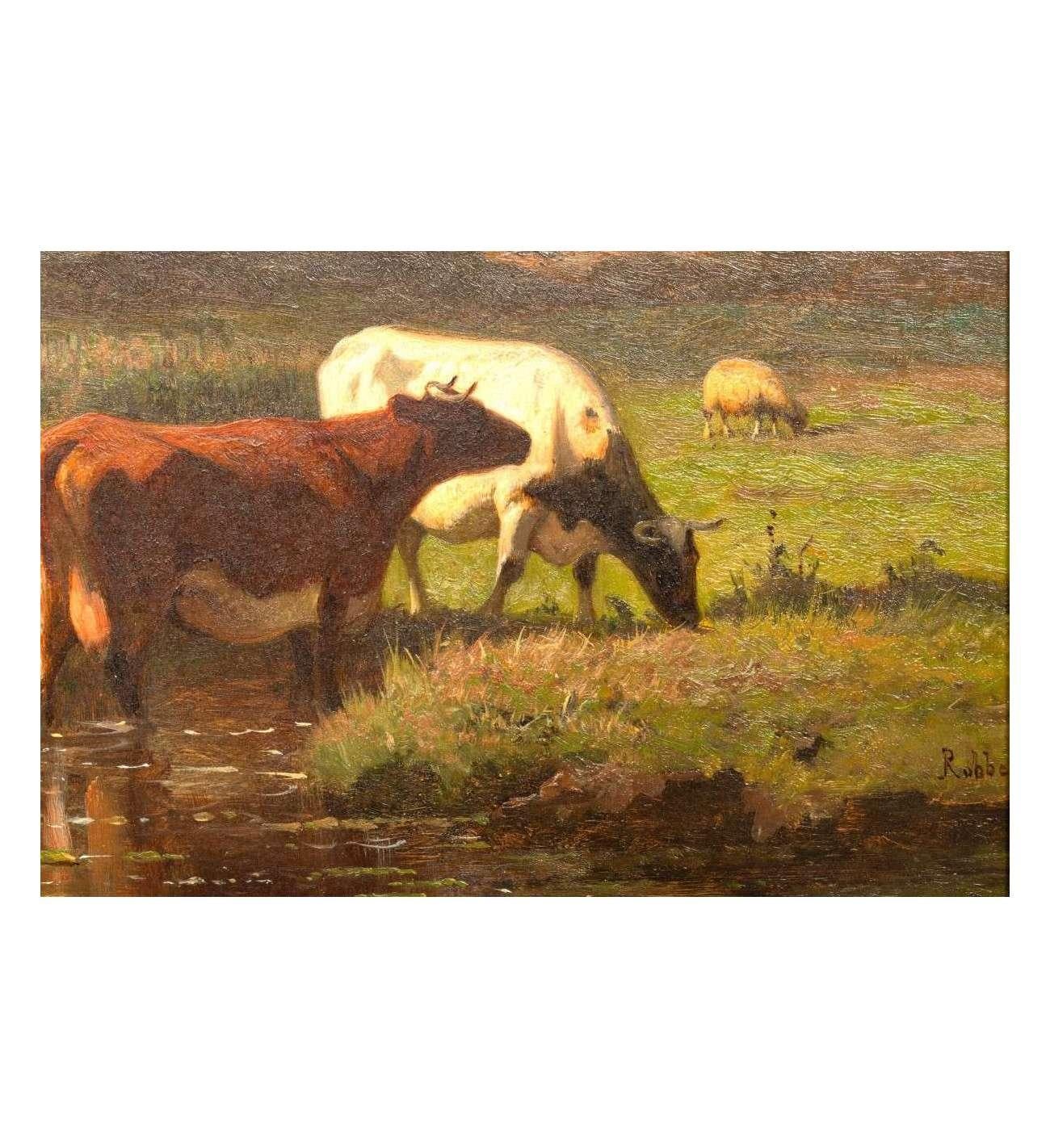 Bovins au pâturage+ Huile sur panneau de Louis Robbe (Certifié) en vente 1