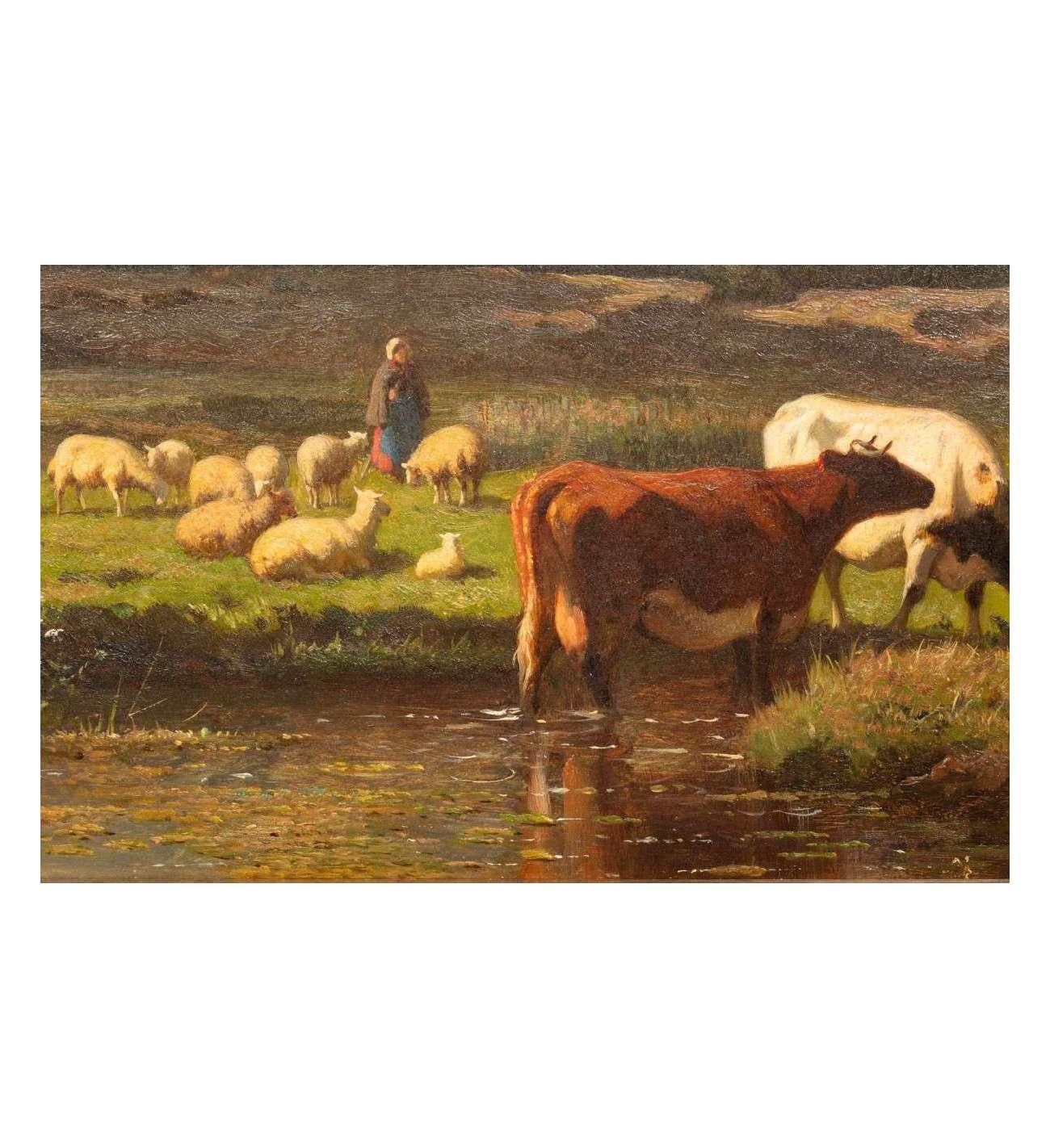 Bovins au pâturage+ Huile sur panneau de Louis Robbe (Certifié) en vente 2