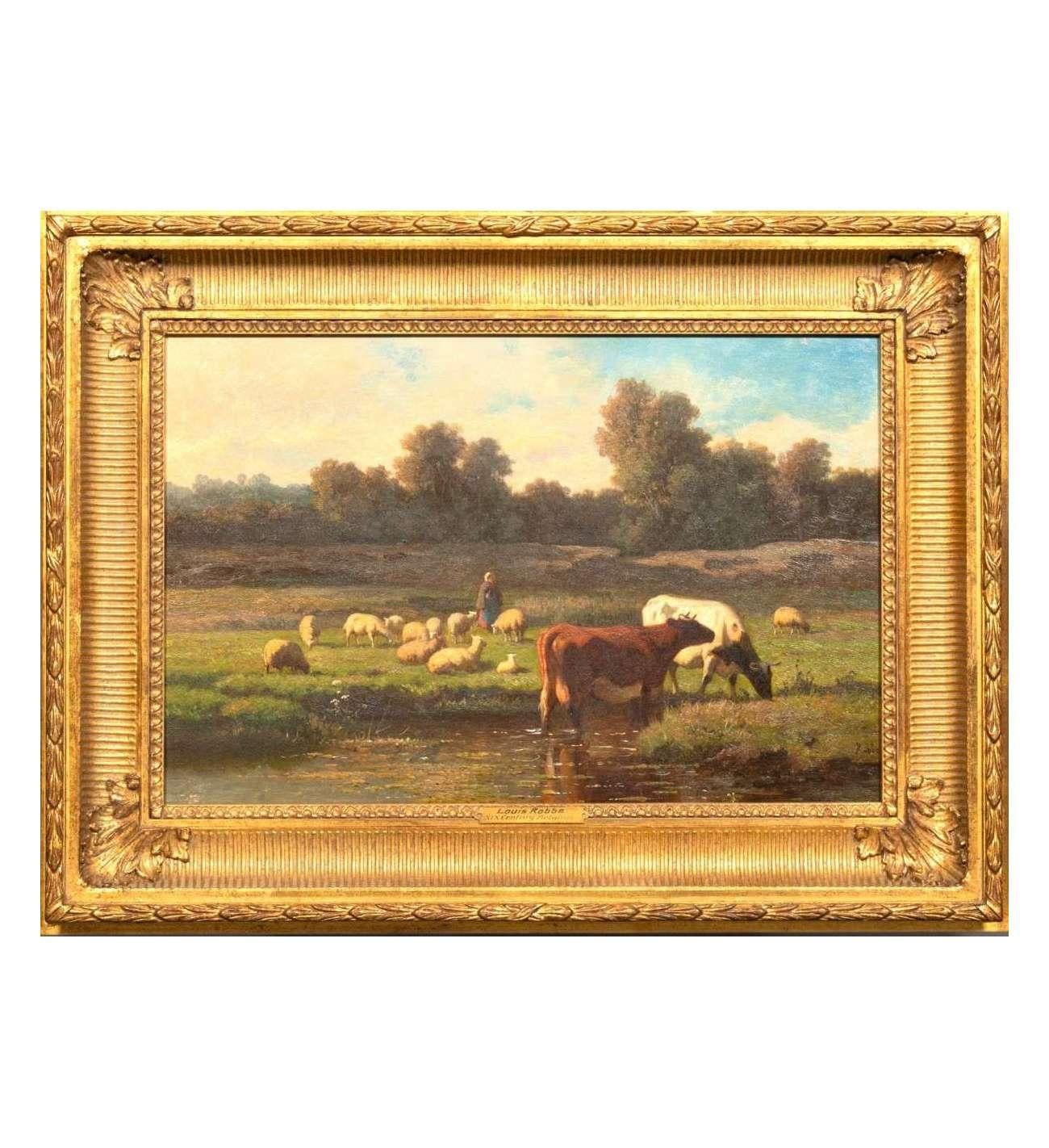 Bovins au pâturage+ Huile sur panneau de Louis Robbe (Certifié) en vente 4
