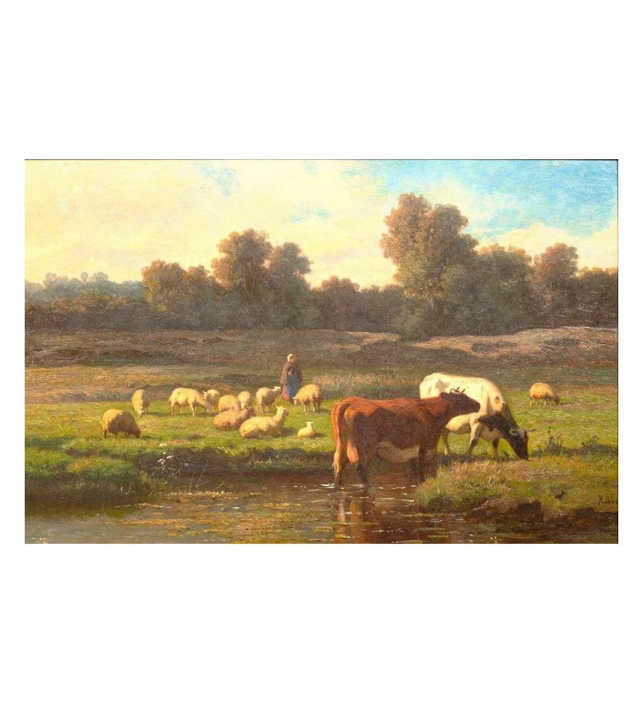 L'œuvre "Animaux au Pâturage" de Louis Robbe est un exemple typique de la peinture animalière belge du XIXe siècle. Elle illustre l'habileté de Robbe à dépeindre la vie rurale avec réalisme et sensibilité. Le tableau reflète l'influence d'Eugène
