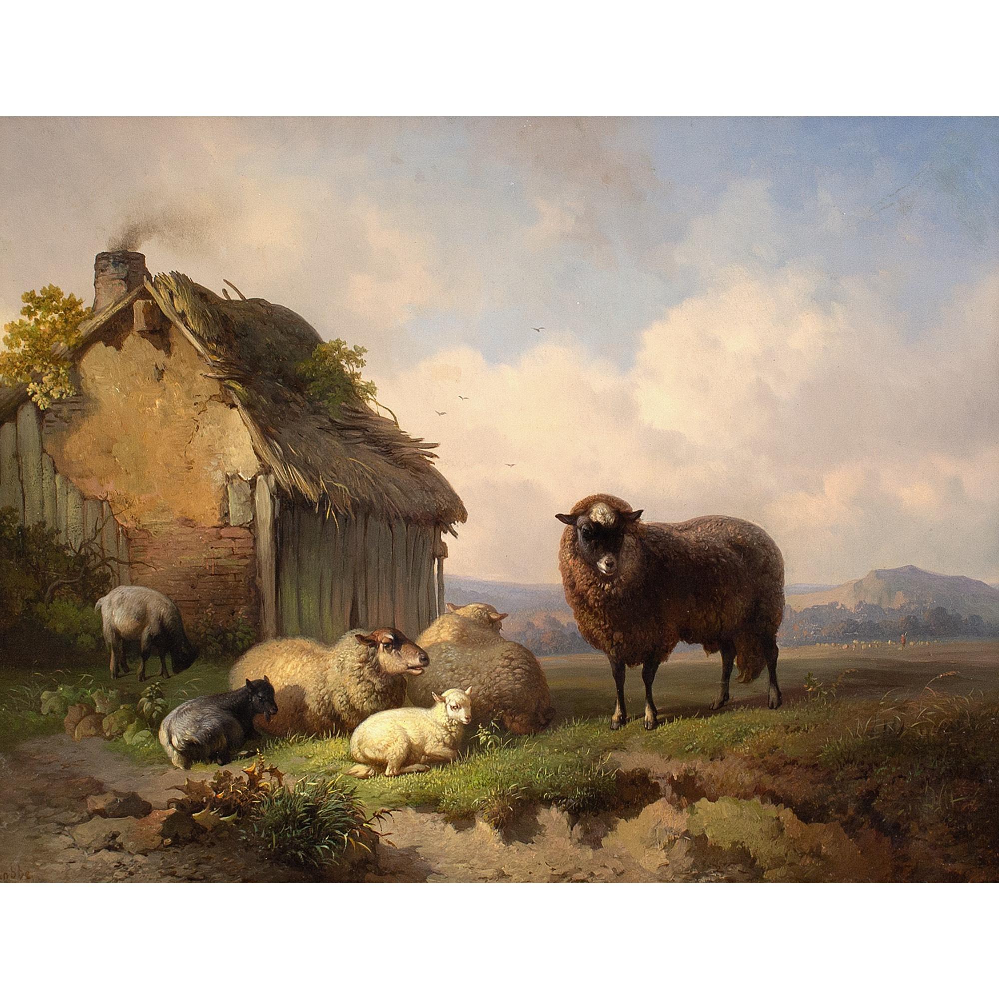 Louis Robbe, Paysage avec grange, moutons et chèvres, peinture à l'huile 1