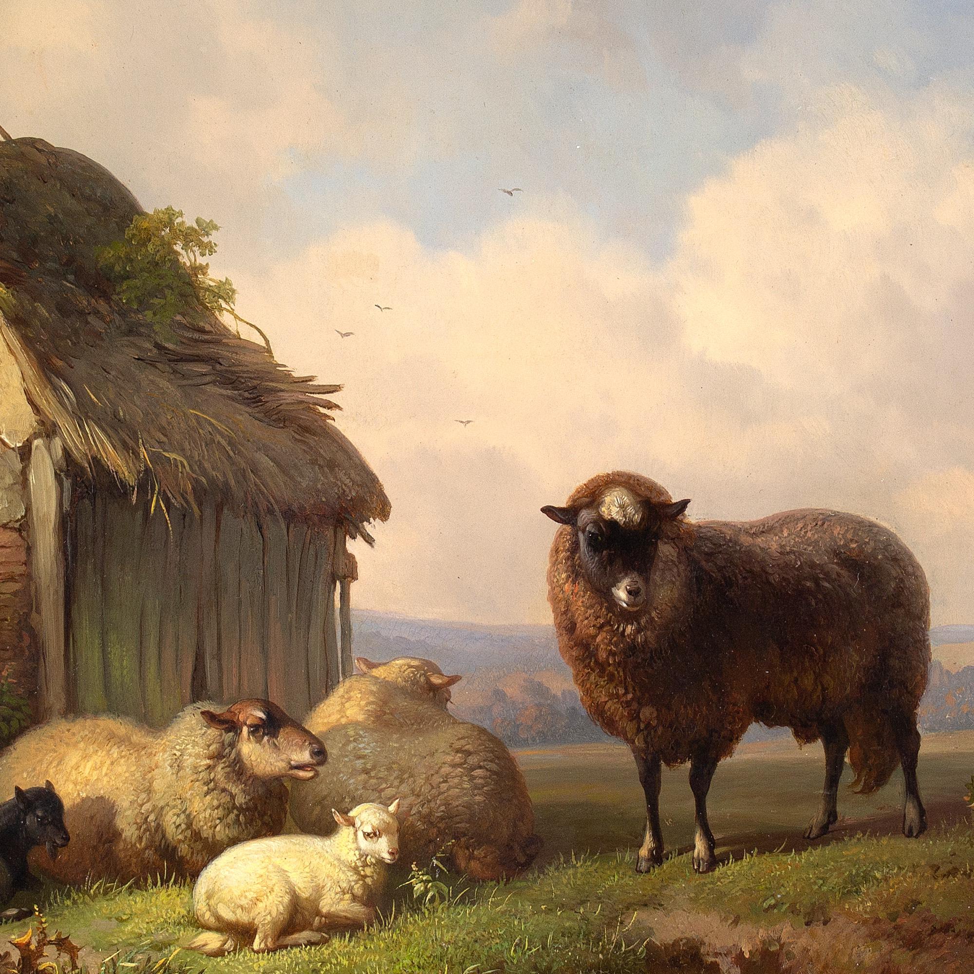 Louis Robbe, Paysage avec grange, moutons et chèvres, peinture à l'huile 4