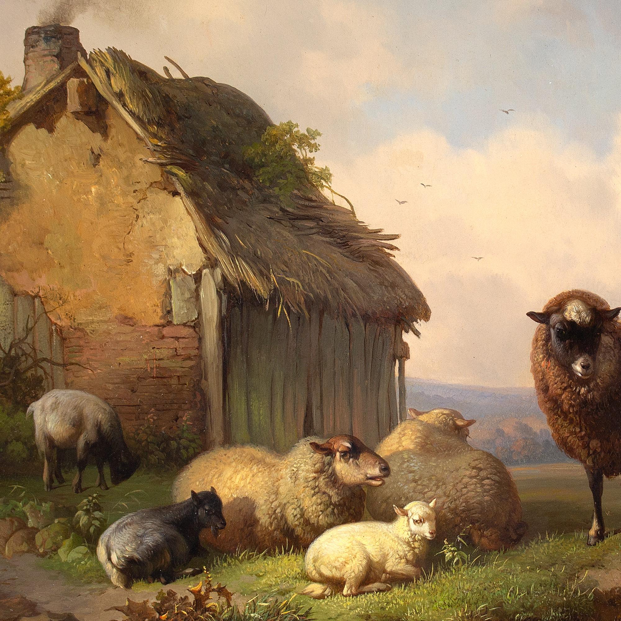 Louis Robbe, Paysage avec grange, moutons et chèvres, peinture à l'huile 5