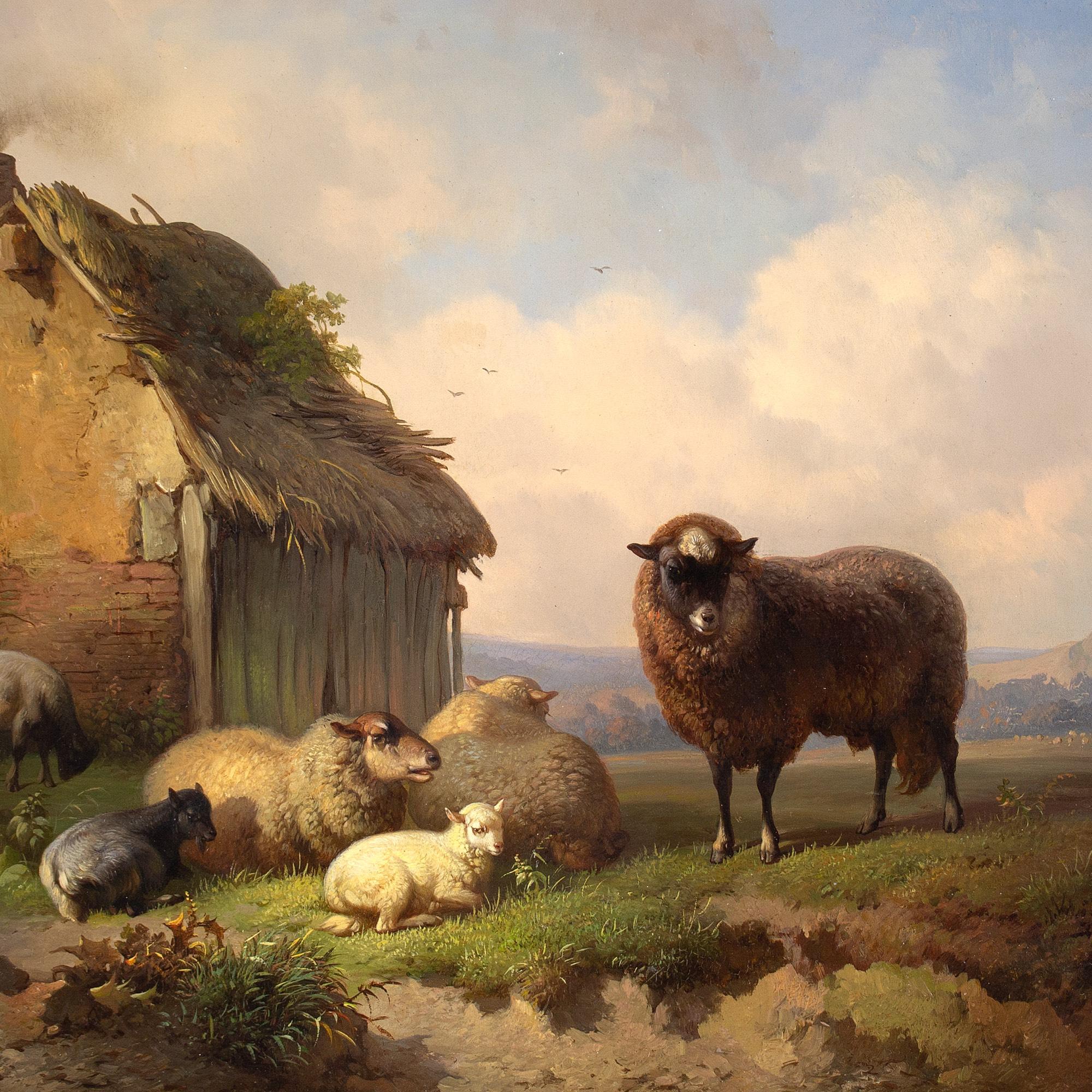 Louis Robbe, Paysage avec grange, moutons et chèvres, peinture à l'huile 6