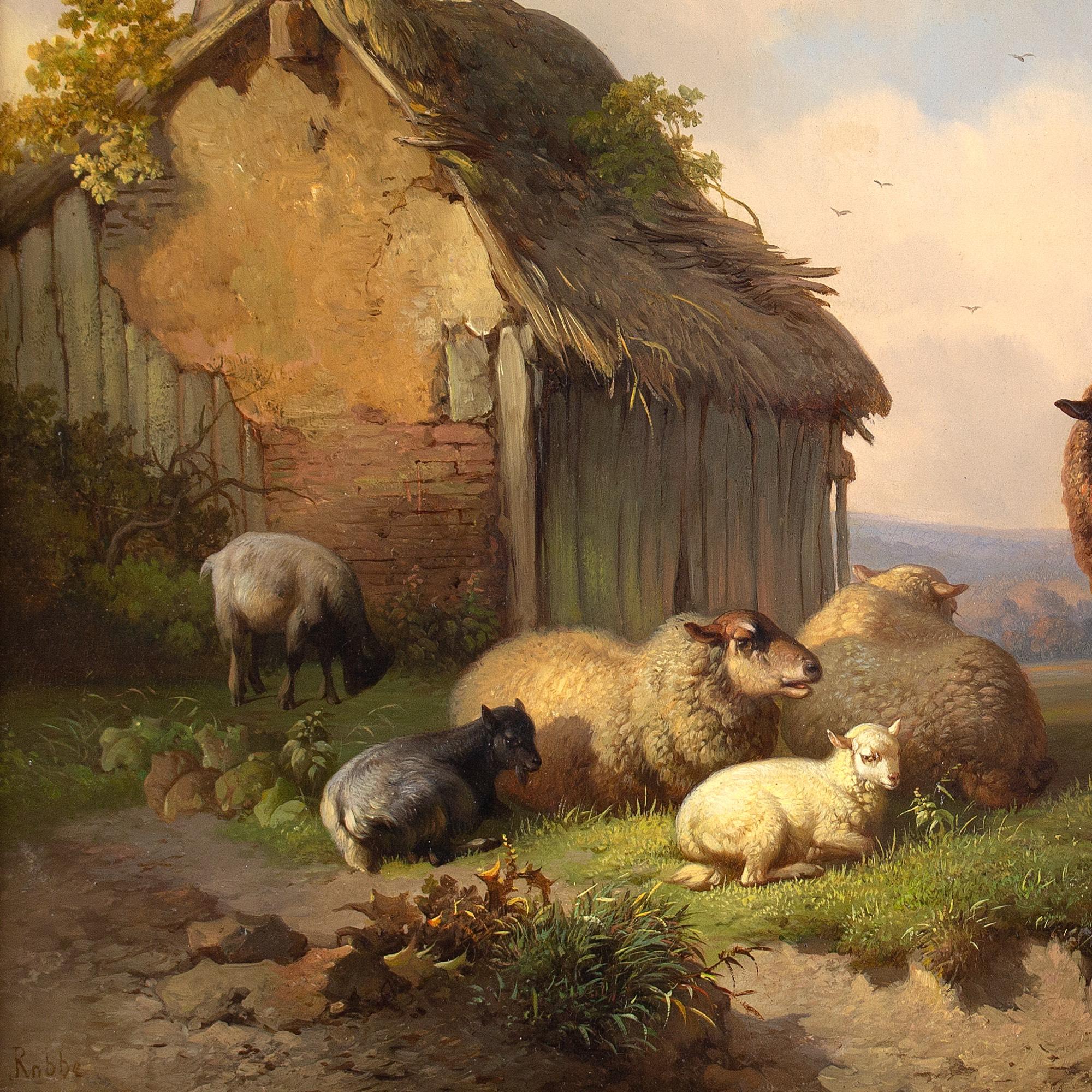 Louis Robbe, Paysage avec grange, moutons et chèvres, peinture à l'huile 7