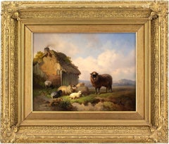 Louis Robbe, Landschaft mit Scheune, Schafen und Ziegen, Ölgemälde