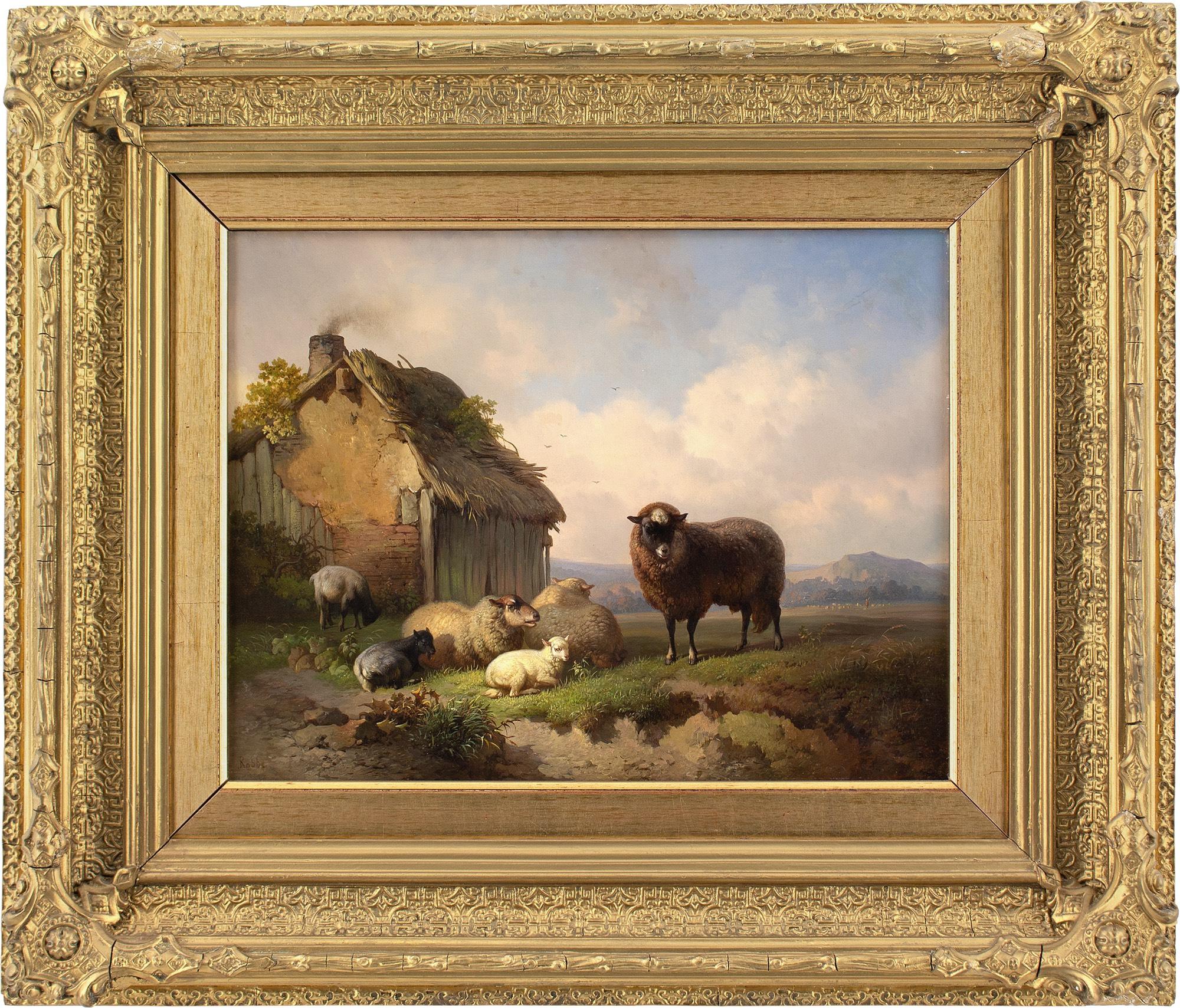 Cette exquise peinture à l'huile du milieu ou de la fin du XIXe siècle de l'artiste belge Louis Robbe (1806-1887) représente trois moutons, un agneau et deux chèvres finement rendus devant un paysage de collines lointaines. C'est une œuvre