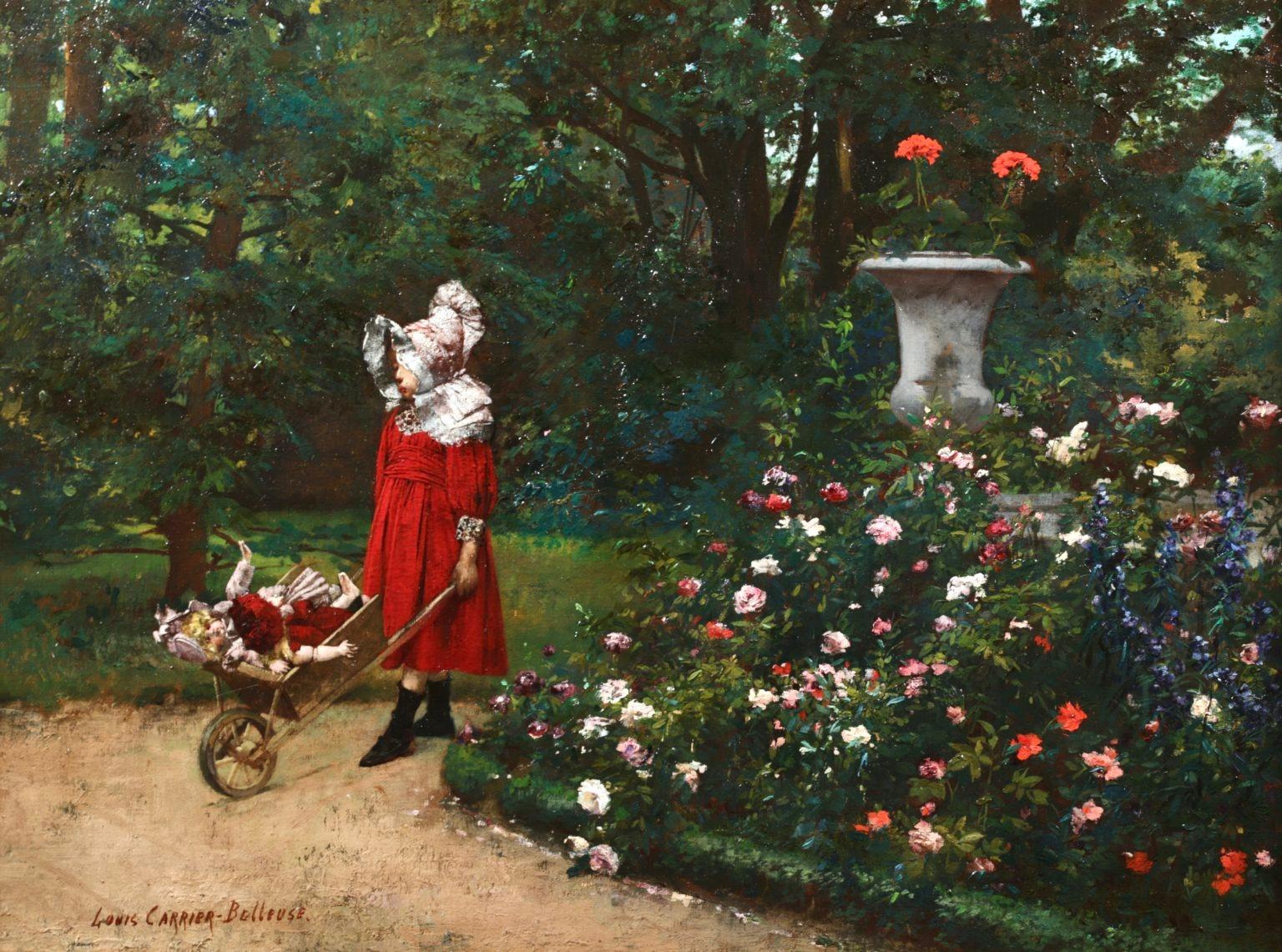Signed impressionist oil on canvas circa 1890 by French painter and sculptor. The work depicts a young girl in a red dress and white bonnet pushing her doll in a wheelbarrow along a garden path. There is lush green grass to her right and a beautiful