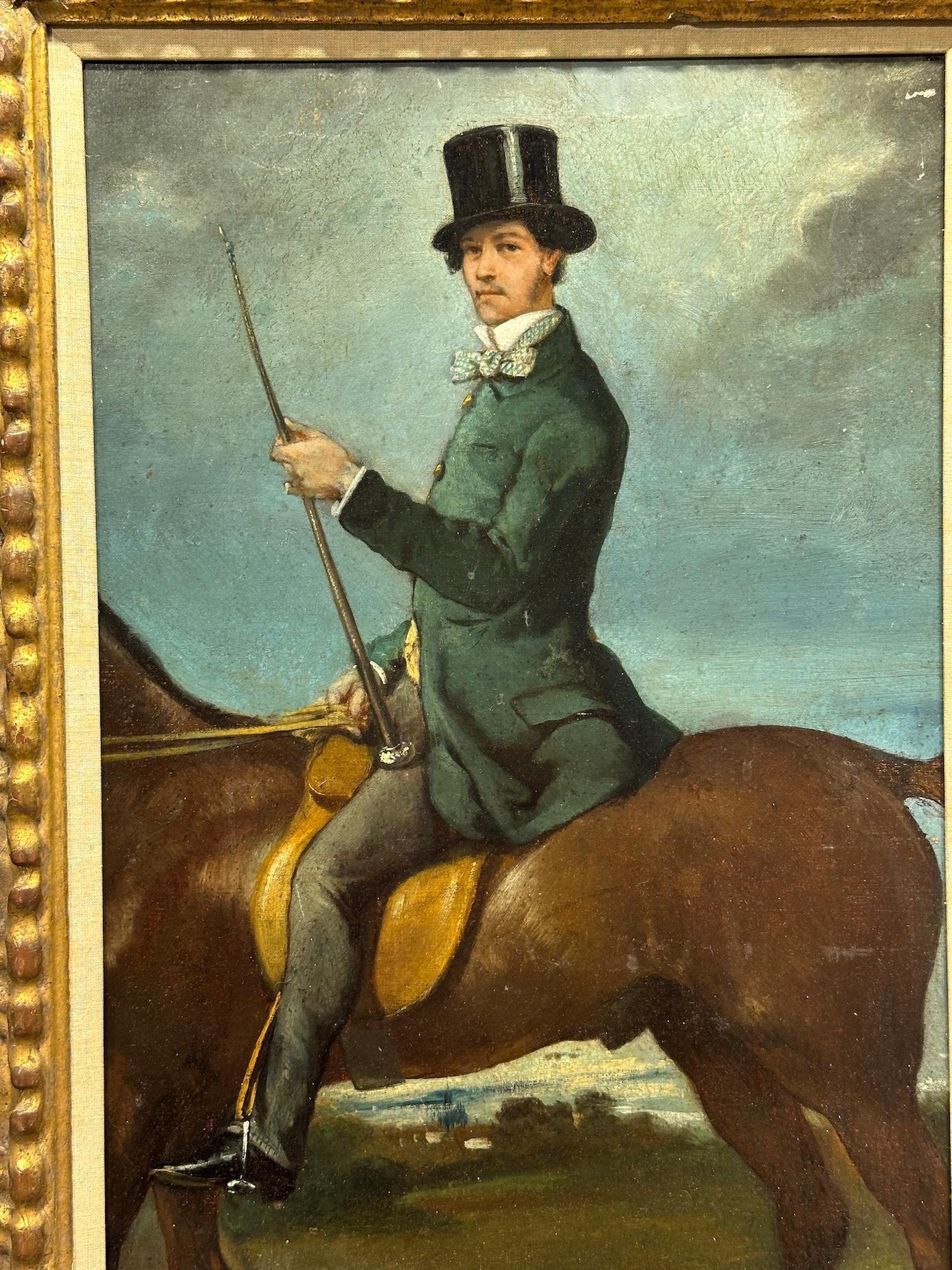 Retrato francés del siglo XIX de caballero a caballo con sombrero de copa - Painting de Louis Robert Heyrault