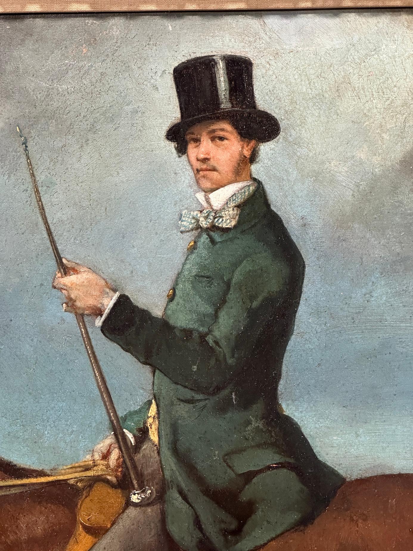 Retrato francés del siglo XIX de caballero a caballo con sombrero de copa - Painting Impresionista de Louis Robert Heyrault
