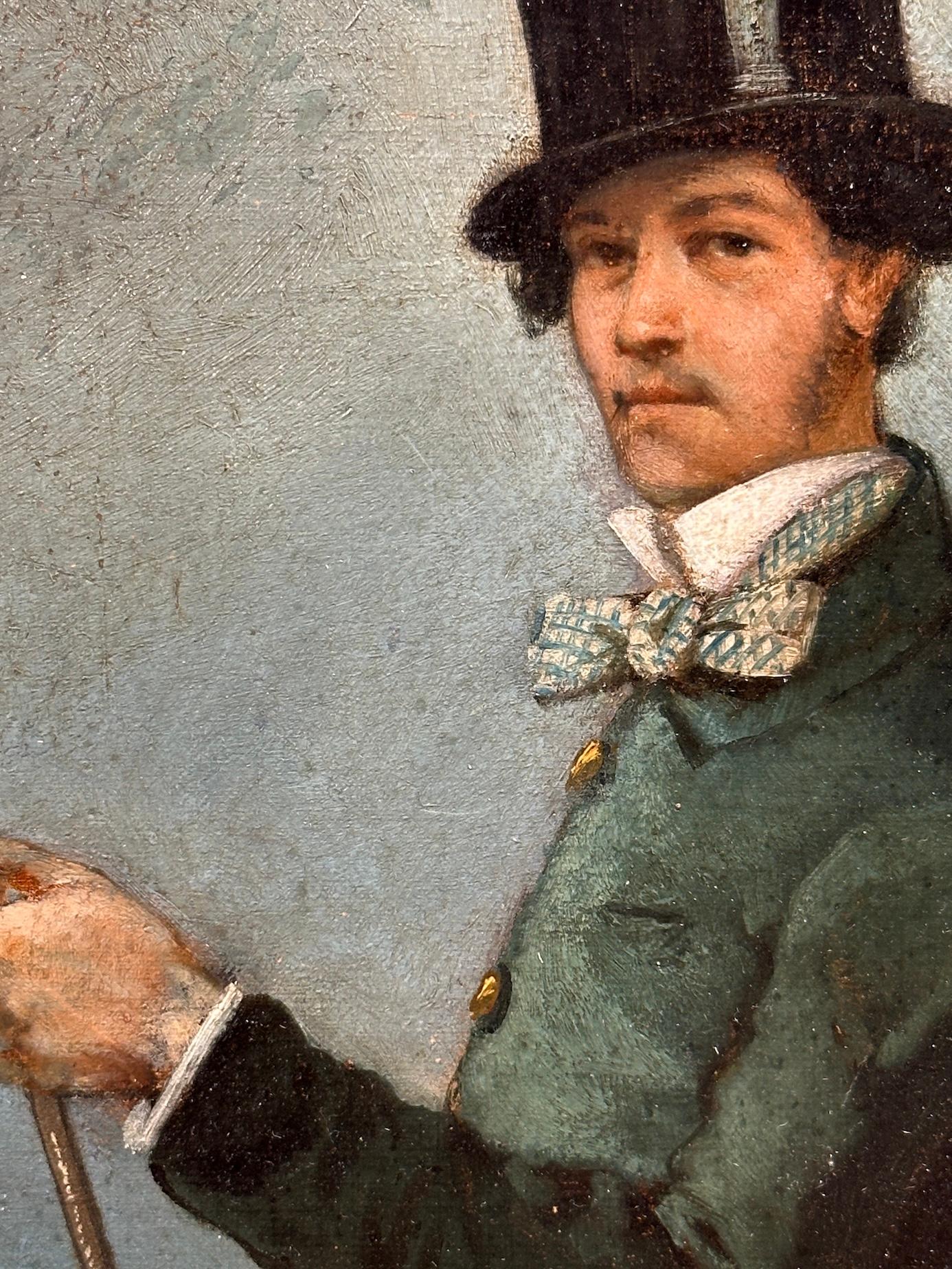 Este retrato francés de finales del siglo XIX representa a un distinguido caballero a caballo, elegantemente vestido con un abrigo de montar verde, pantalones grises y un sombrero de copa negro, que destila refinamiento aristocrático. El jinete