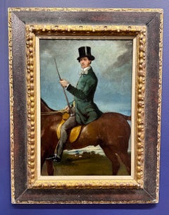 19th century French Portrait of Gentleman on horseback with top hat