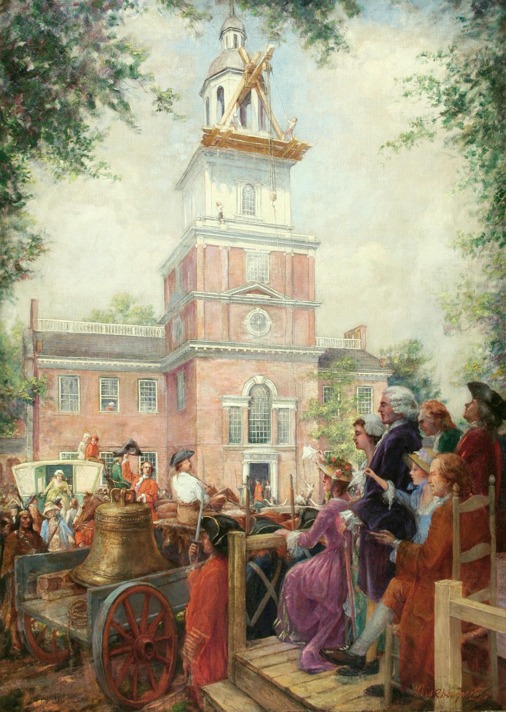 Installation der Freiheitsglocke in der Independence Hall, Philadelphia – Painting von Louis Roberts Dougherty 