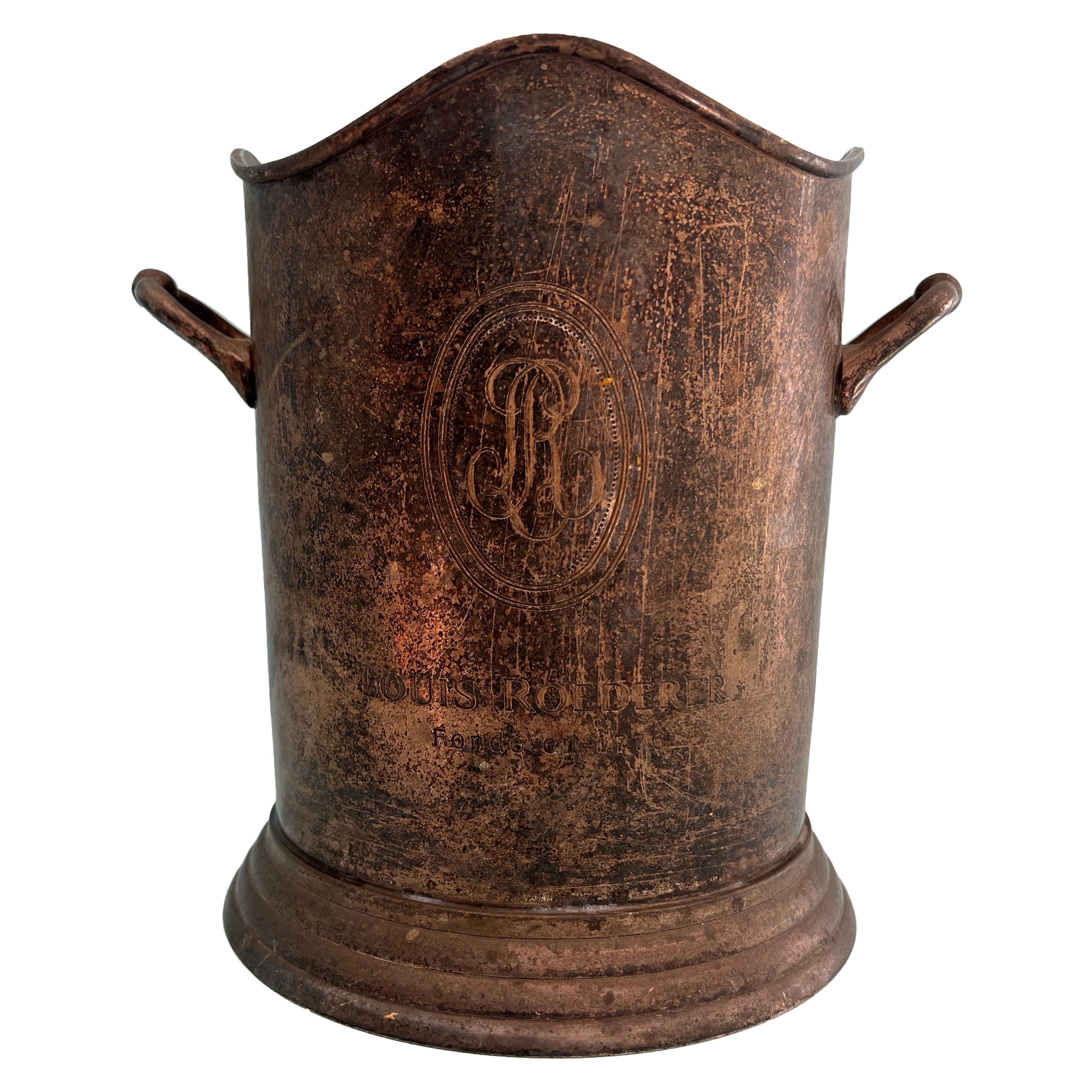 Louis Roederer Champagne Cooler Patina ice bucket by James Deakin 
Sons For Sale