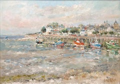 "Le Crotoy" French Impressionist Boats at Port Oil Painting on Canvas Framed