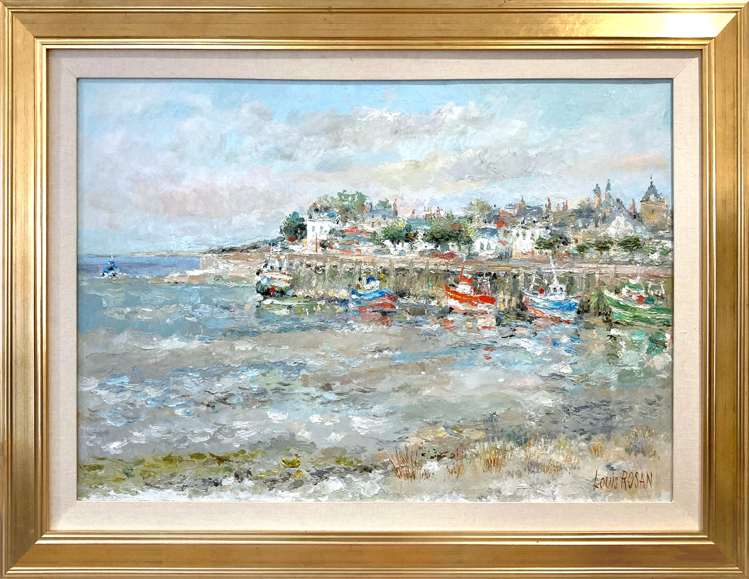 "Le Crotoy" French Impressionist Boats at Port Oil Painting on Canvas Framed