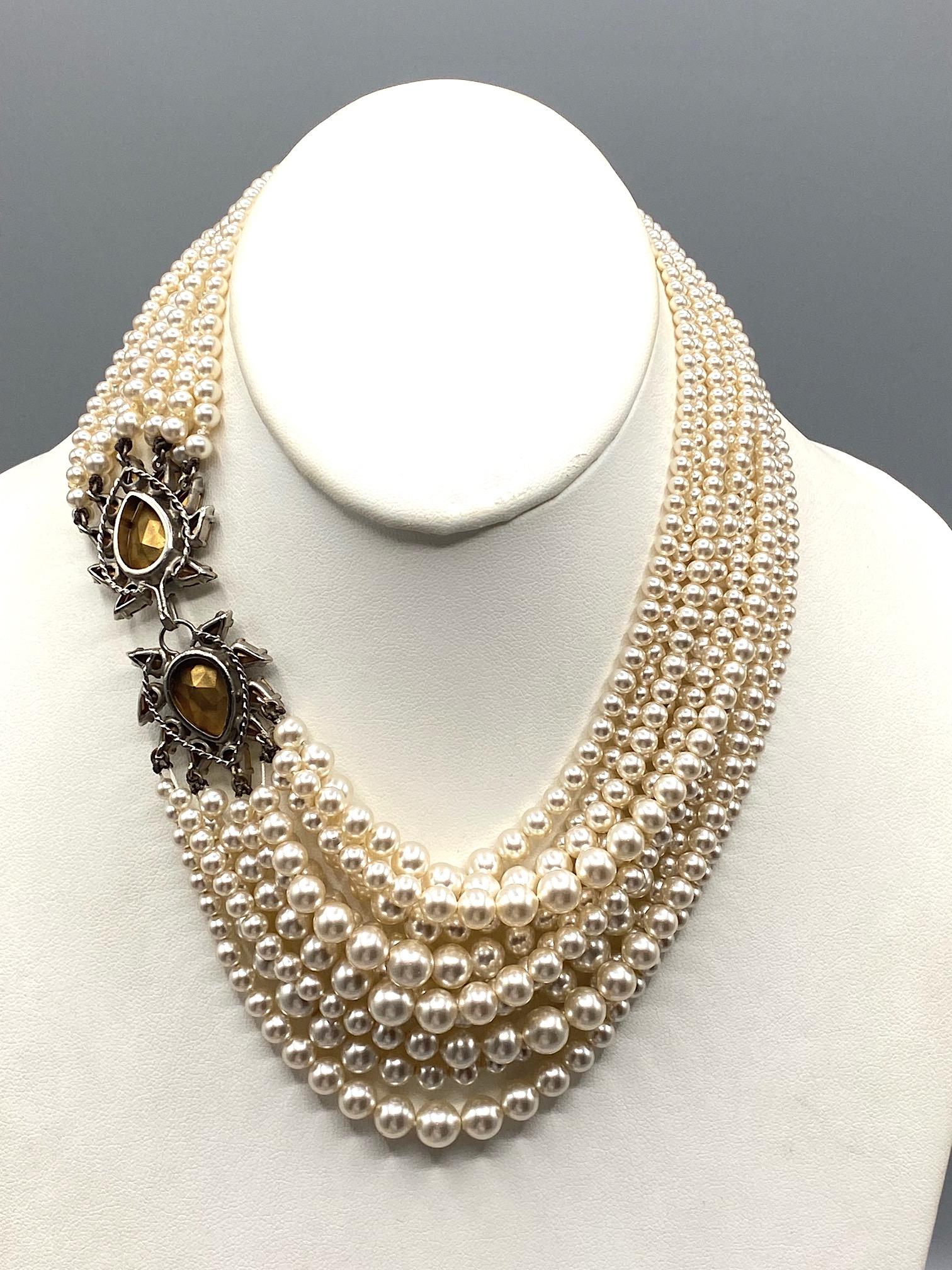 Louis Rousselet 11 Strand Pearl with Rhinestone Clasp 1950s Necklace 8
