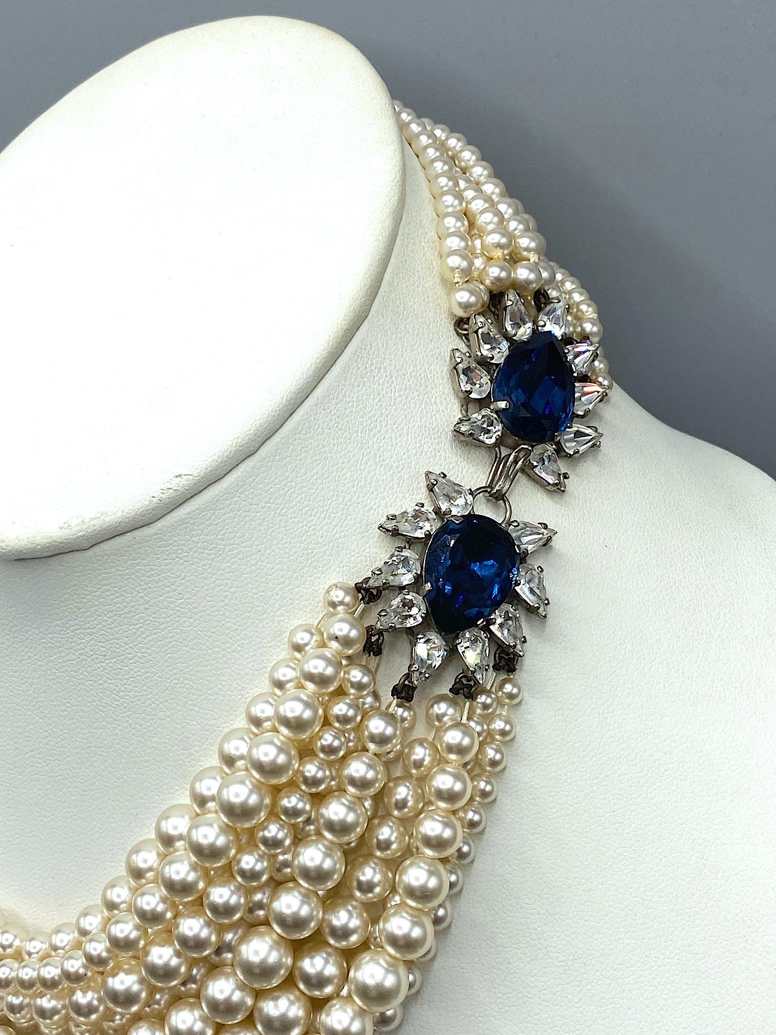 Louis Rousselet 11 Strand Pearl with Rhinestone Clasp 1950s Necklace In Excellent Condition In New York, NY