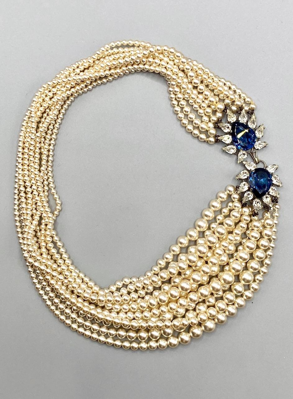 Louis Rousselet 11 Strand Pearl with Rhinestone Clasp 1950s Necklace 1