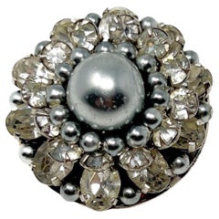 Louis Rousselet 1950s Grey Faux Pearl and Rhinestone Vintage Flower Brooch