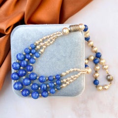 Louis Rousselet 1950s Vintage Faux Pearl and Lapis Glass Necklace