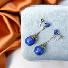 Louis Rousselet Art Deco 1930s Vintage Lapis Glass Drop Earrings