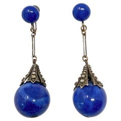 Louis Rousselet Art Deco 1930s Vintage Lapis Glass Drop Earrings