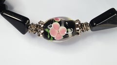 Louis Rousselet ArtDeco Glass FloralLampwork BlackBeaded SilverToggle Necklace