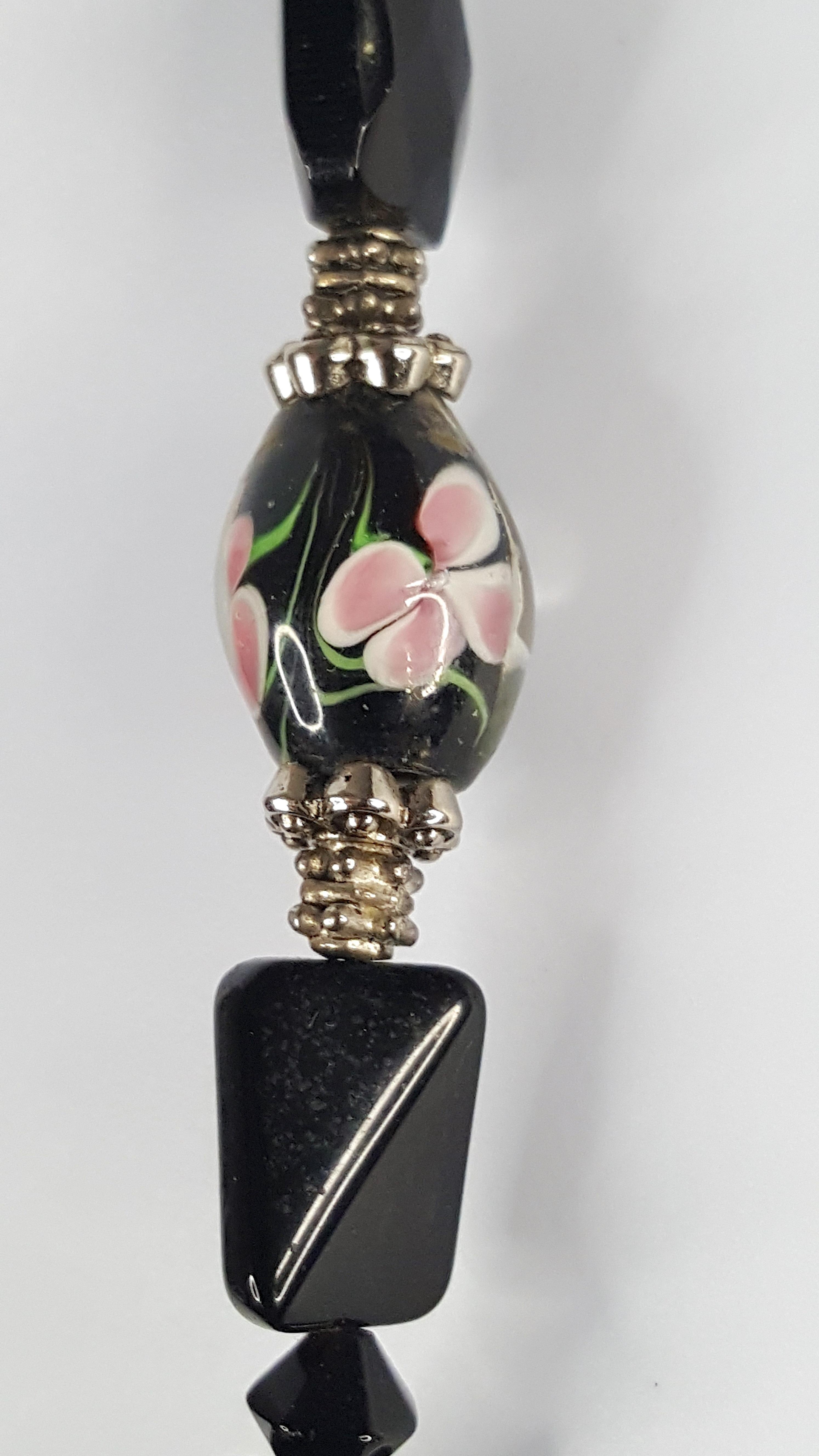 Louis Rousselet Art Deco Glas FloralLampwork Perlen Silber Toggle Halskette im Angebot 1