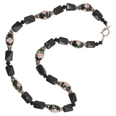 Louis Rousselet ArtDeco Glass FloralLampwork Beaded Silver Toggle Necklace