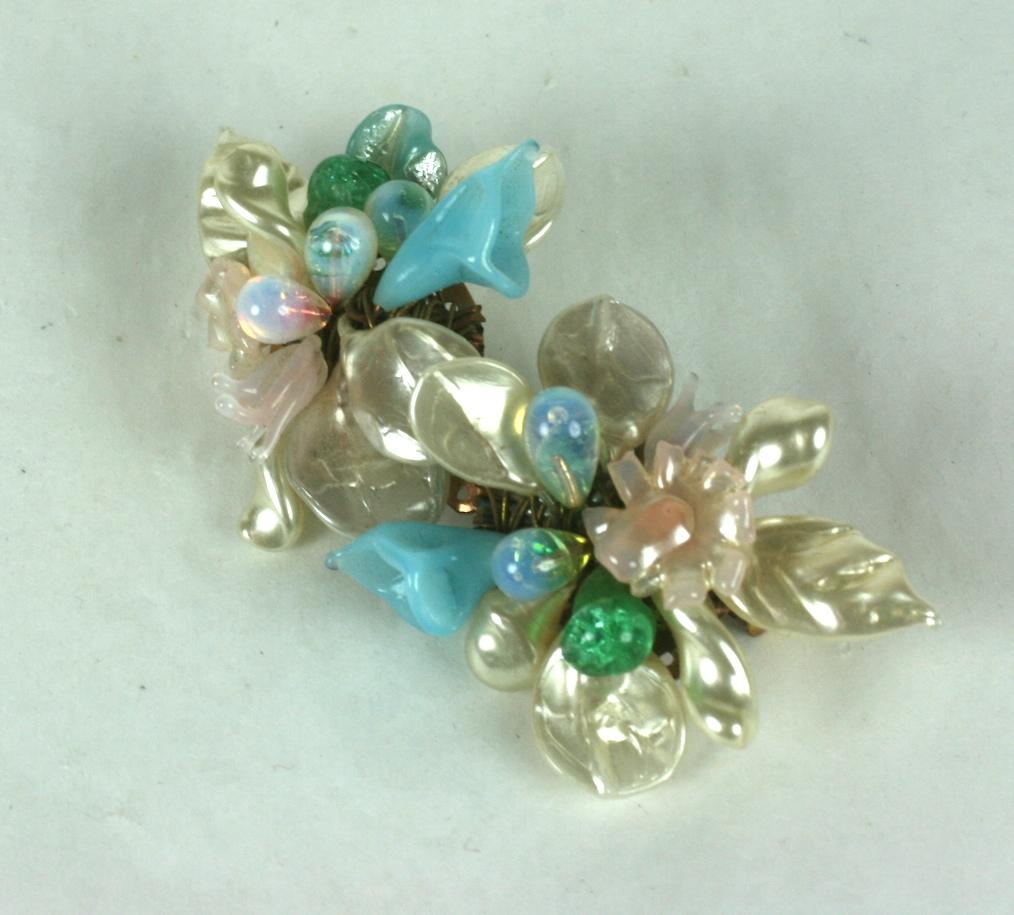 Louis Rousselet double bouquet brooch  of signature hand made and hand wired nacre flower heads, petals and leaves. With  turquoise lillies, pale pink daisies and stamens of opaline pate de verre. Gilt metal findings and clasp. Handmade.  
Excellent