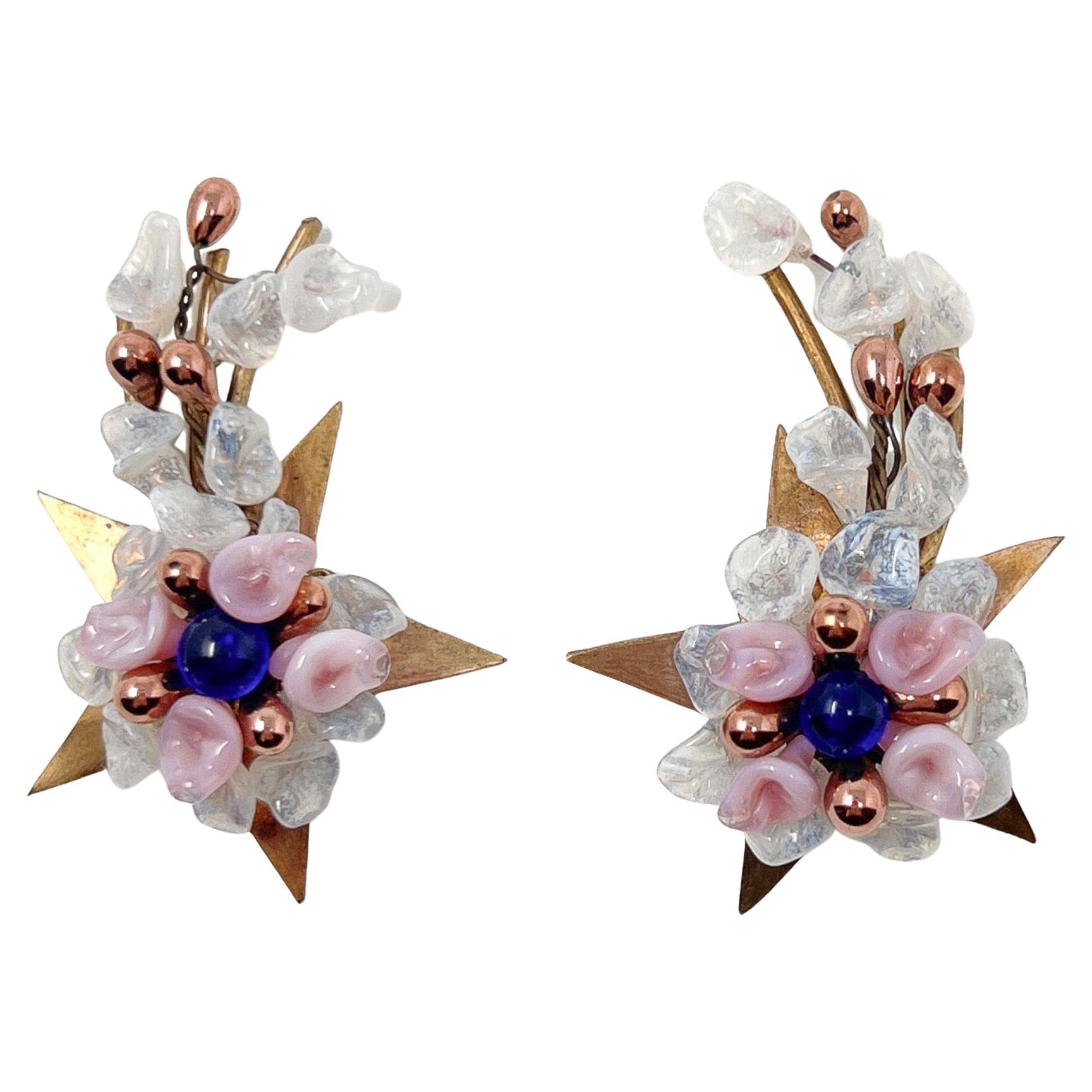 Louis Rousselet for Madeleine Rivière 1950s Glass Flowers and Stars Vintage Earr For Sale