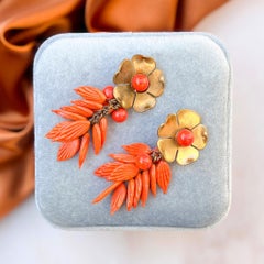 Louis Rousselet for Madeleine Rivière 1950s Orange Glass Flower Vintage Drop Ear