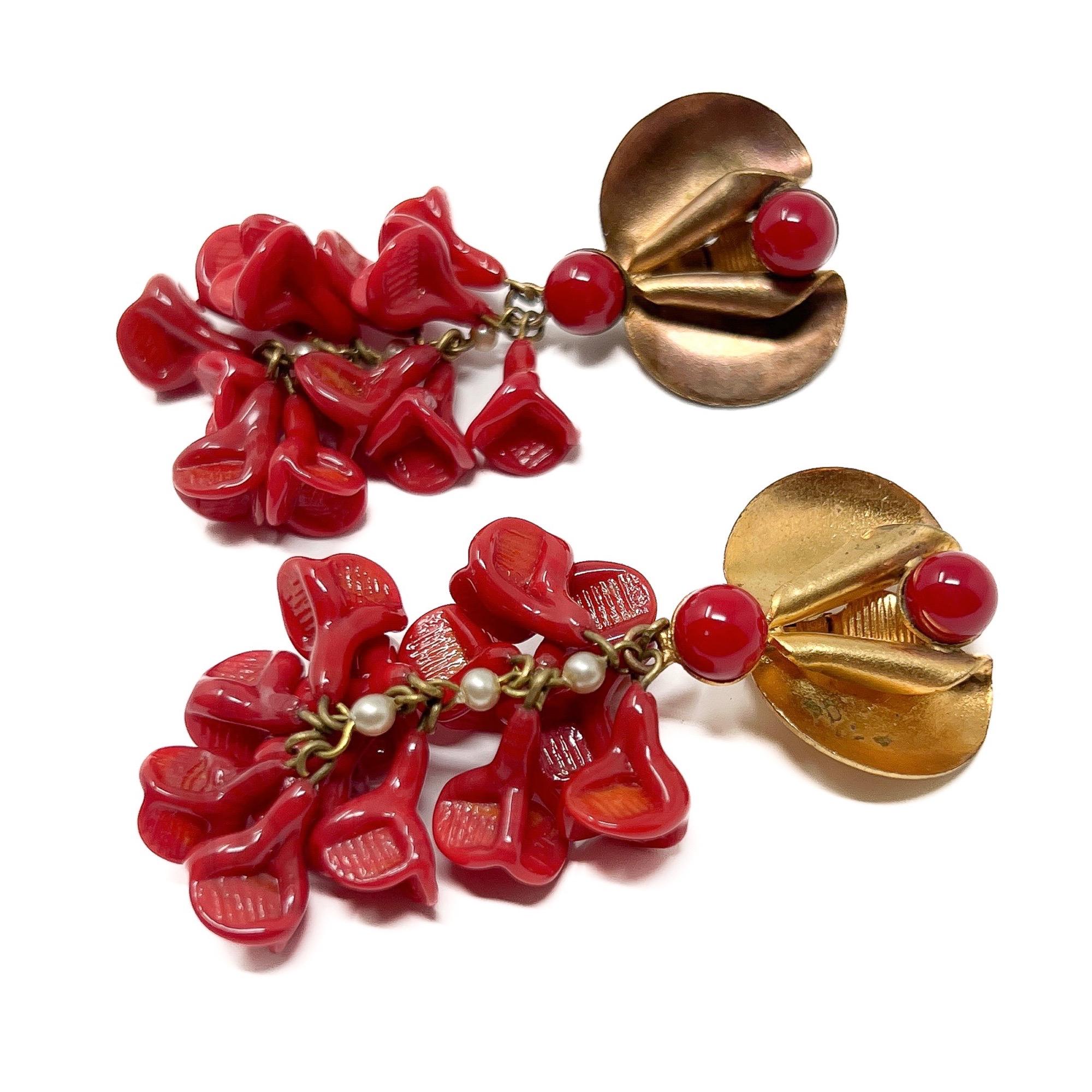Louis Rousselet for Madeleine Rivière 1950s Red Glass Flower Vintage Drop Earrin For Sale 2