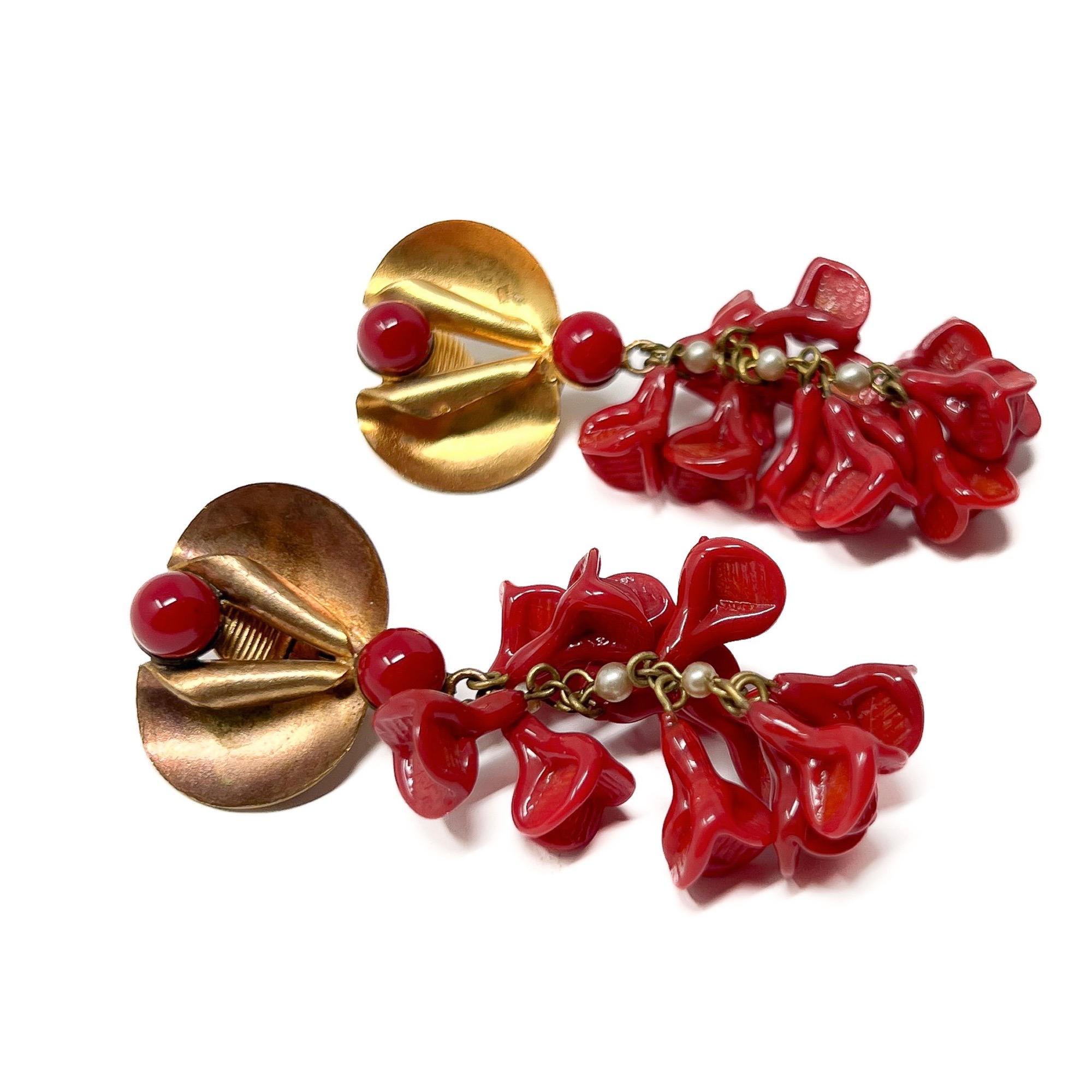Louis Rousselet for Madeleine Rivière 1950s Red Glass Flower Vintage Drop Earrin For Sale 3