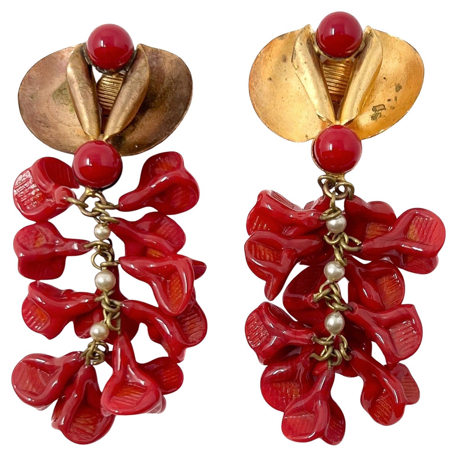 Louis Rousselet for Madeleine Rivière 1950s Red Glass Flower Vintage Drop Earrin For Sale