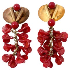 Louis Rousselet for Madeleine Rivière 1950s Red Glass Flower Vintage Drop Earrin Louis Rousselet for Madeleine Rivière 1950s Red Glass Flower Vintage Drop Earrin