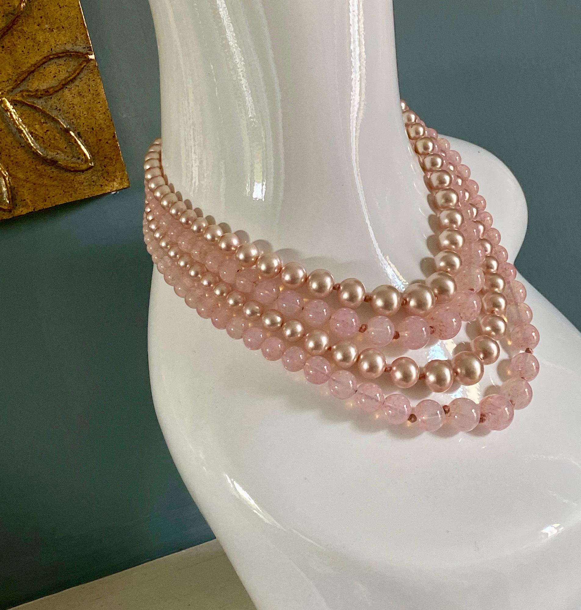 da uomo o donna Louis Rousselet, Francese, Collana di perle di vetro e quarzo rosa in vendita